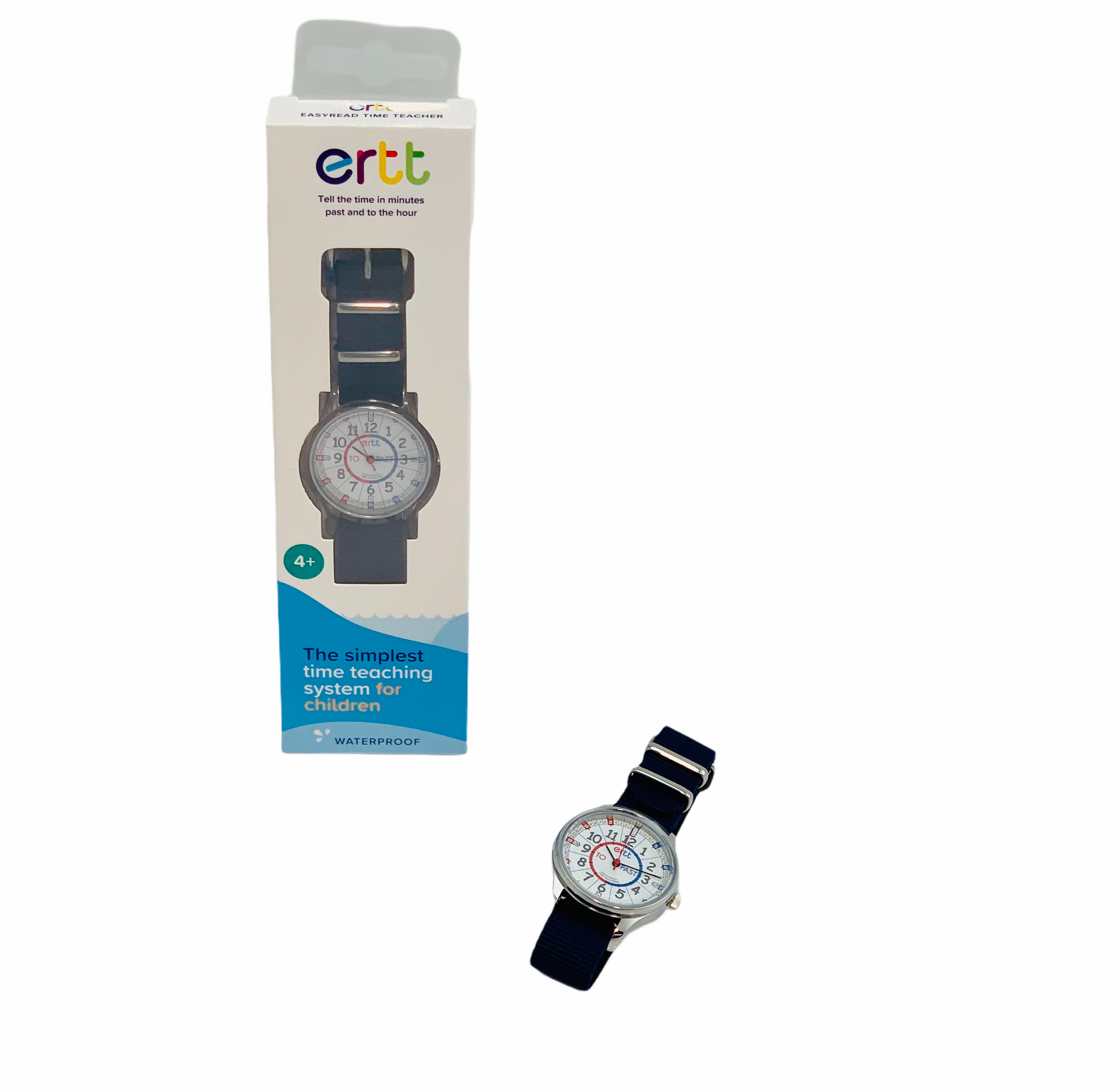 EasyRead Waterproof Watch - Navy in front of its packaging on white background