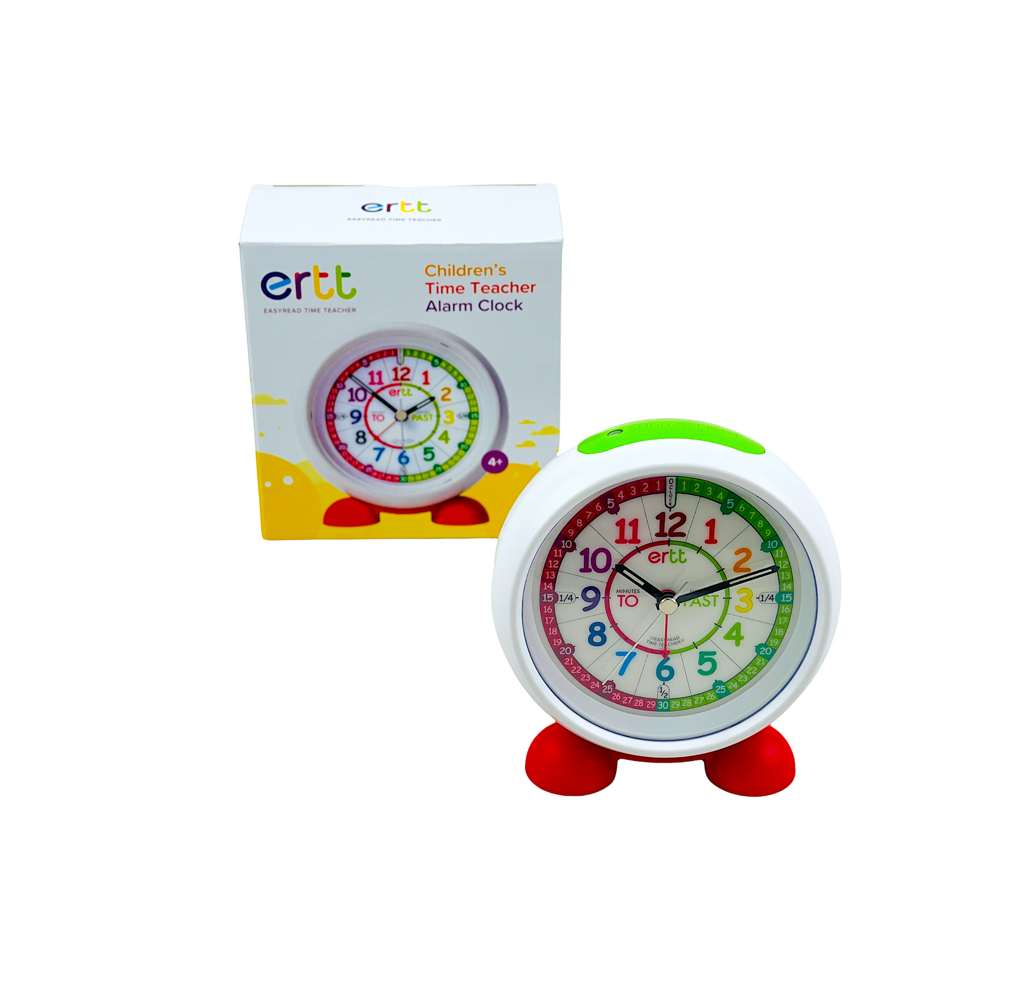 EasyRead Alarm Clock - Rainbow Next to packaging box on white background