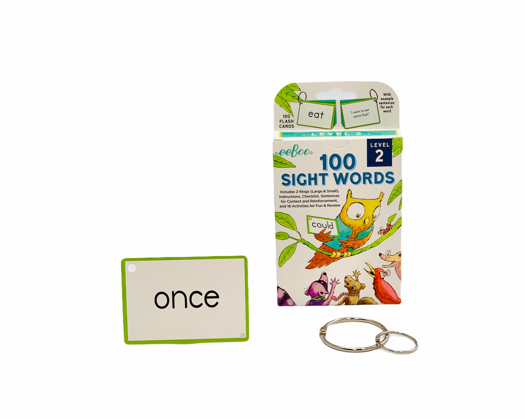 Eeboo 100 Sight Words - Level 2 with a card on display with a card showing the word 'once' in front of packing on white background