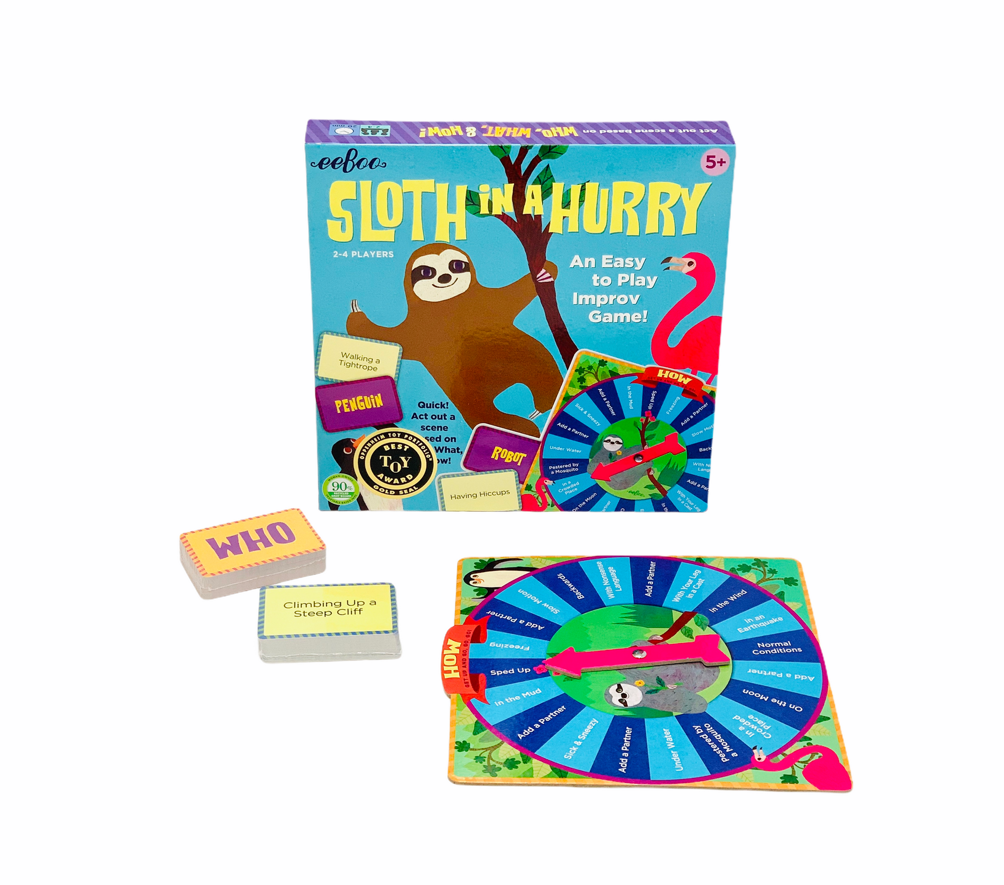 Eeboo Sloth in a Hurry game with game spinner and playing cards placed in front of packaging on white background
