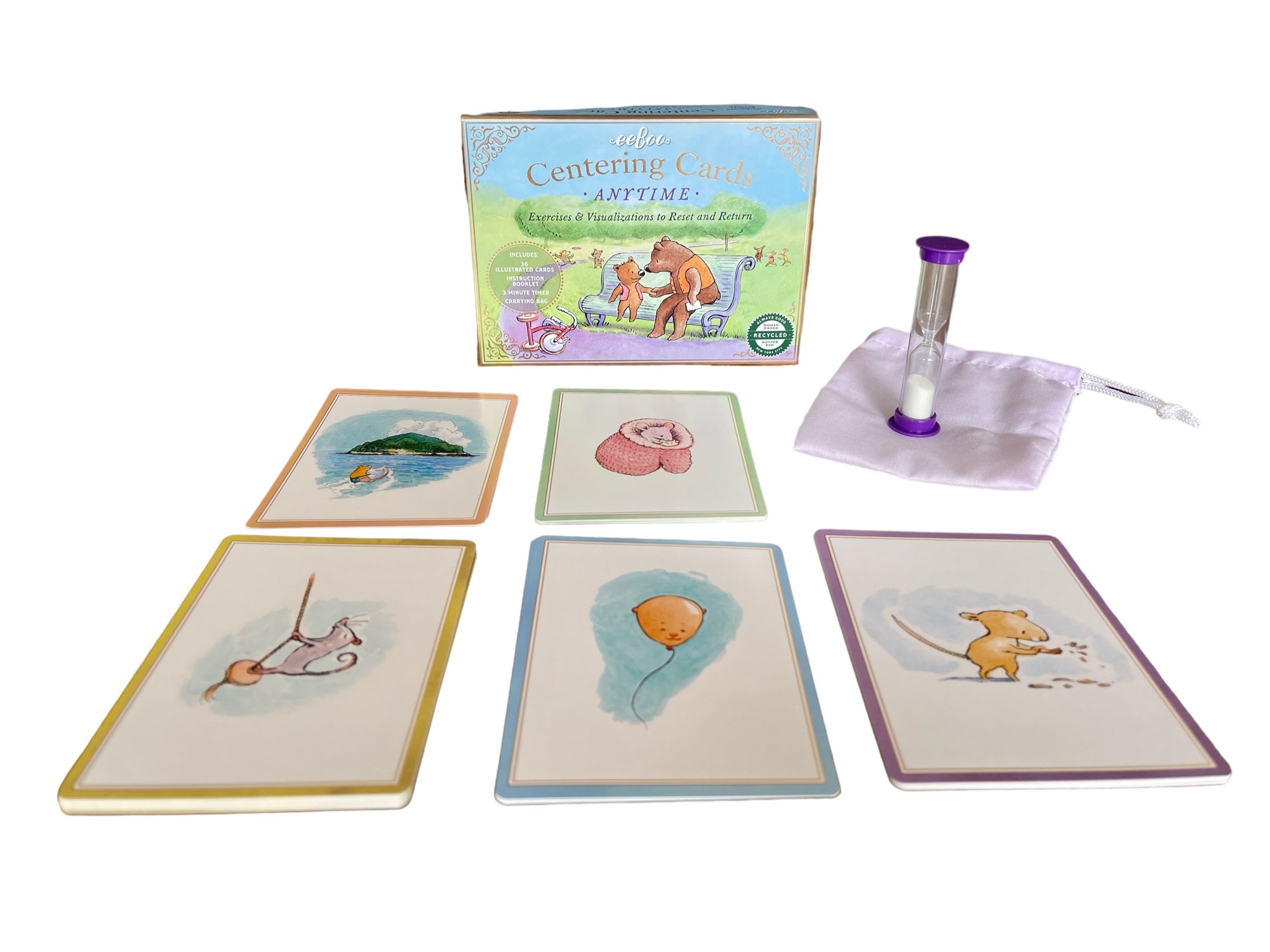 The Eeboo Centering Cards - Anytime cards on display in front of box with timer and bag