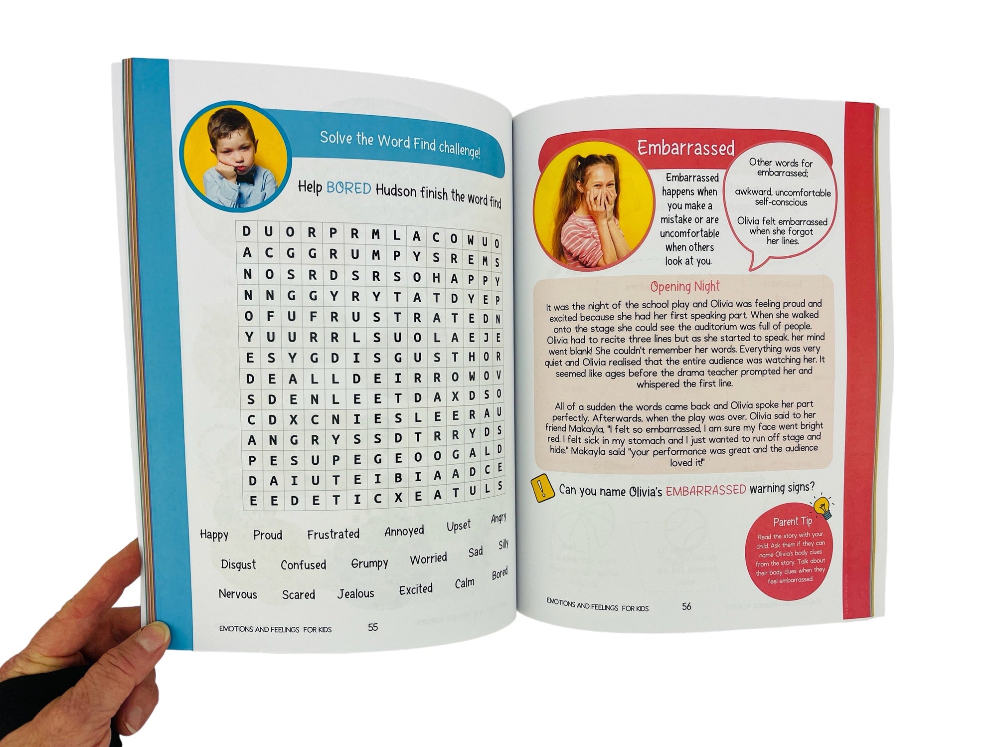 a hand turning over the page from the Emotions and Feelings for Kids Workbook