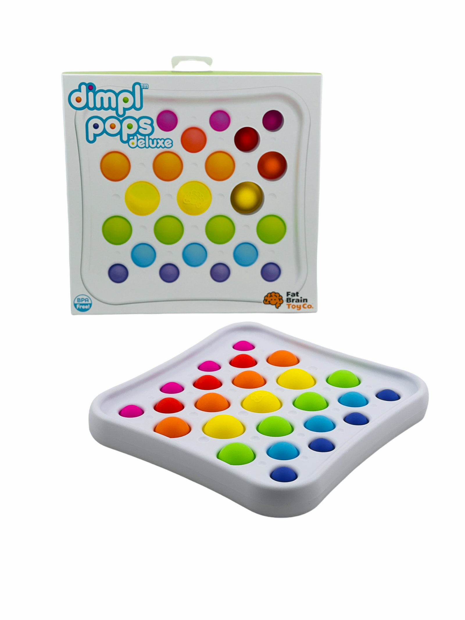 Fat Brain Dimpl Pops Deluxe with colourful dimpls in plastic surround on white background
