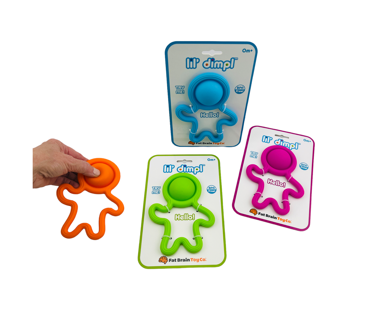 a hand touching the orange Fat Brain Lil' Dimpl that are next to the green, pink and blue Fat Brain Lil' Dimpl