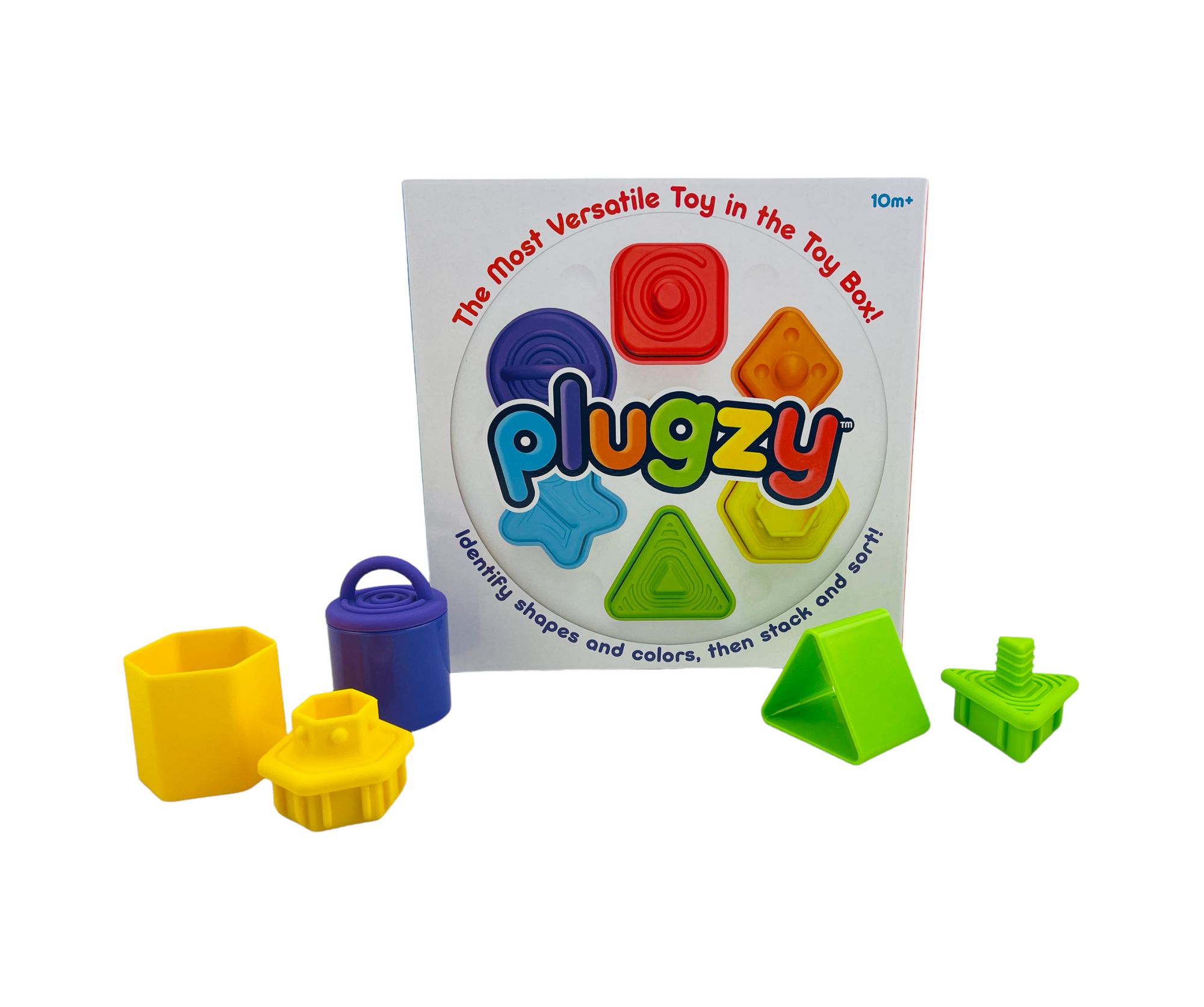 Fat Brain Plugzy on display with pieces from the set in front of the box