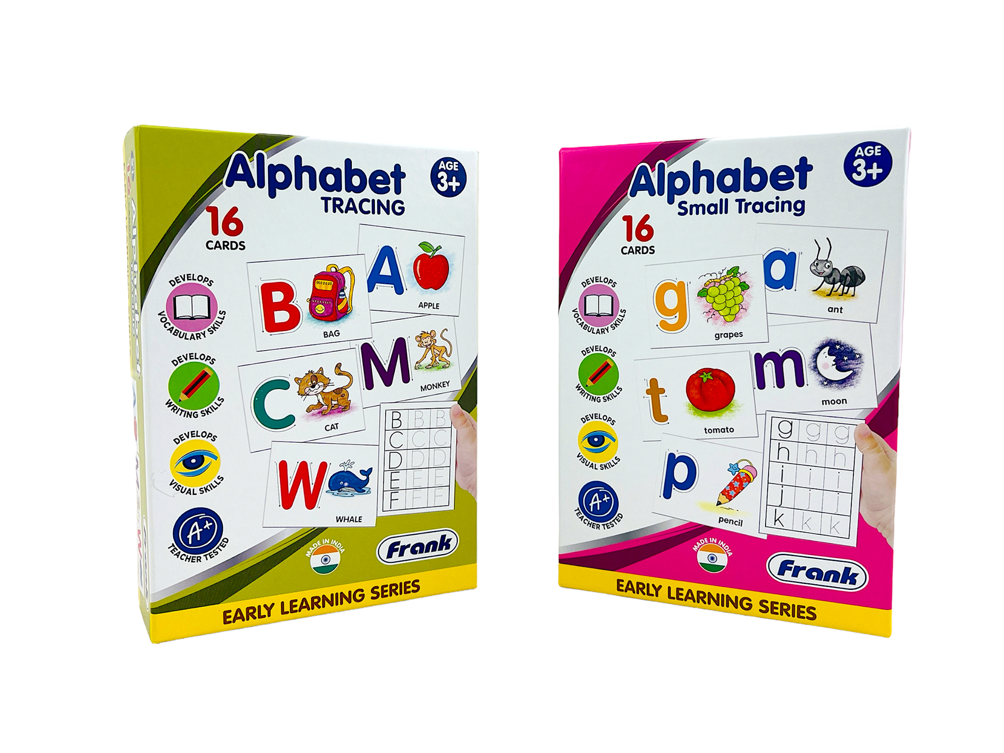 The lower case and upper case Frank - Alphabet Tracing Cards next to each other on a white background