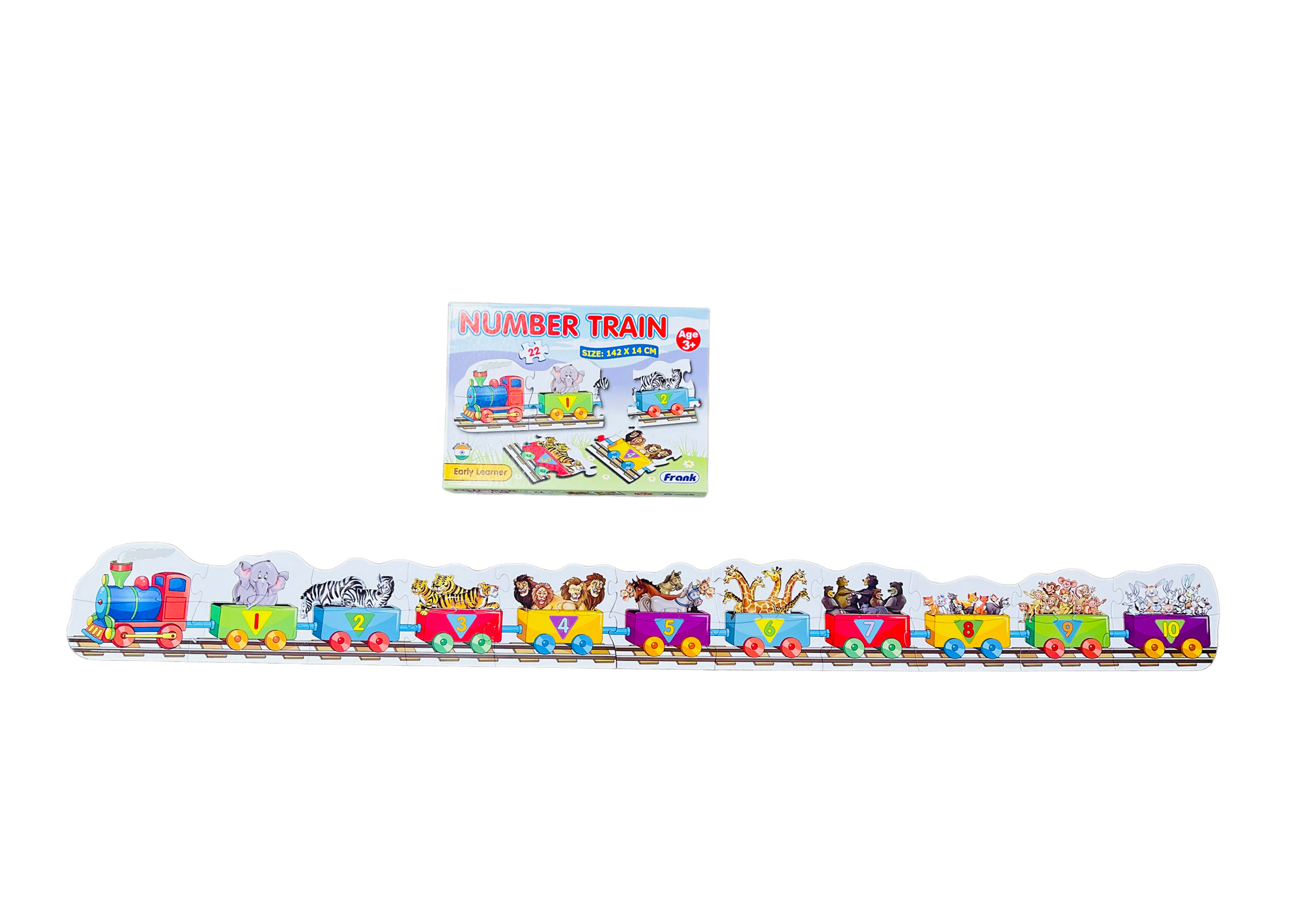 the Frank Early Learner Number Train on display with the completed puzzle in front of it&#39;s box