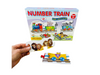 the Frank Early Learner Number Train on display with a hand holding a piece next to another in front of it&#39;s box