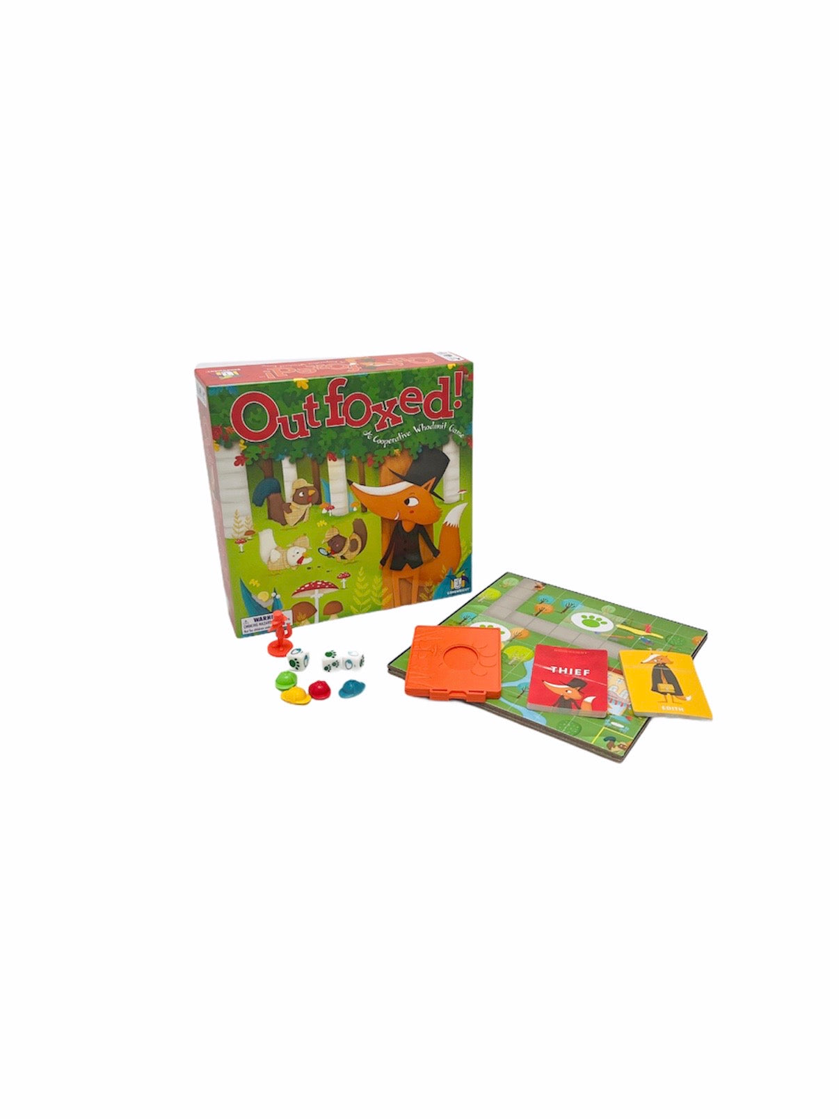 Gamewright Outfoxed with game pieces laid out in front of packaging box on white background