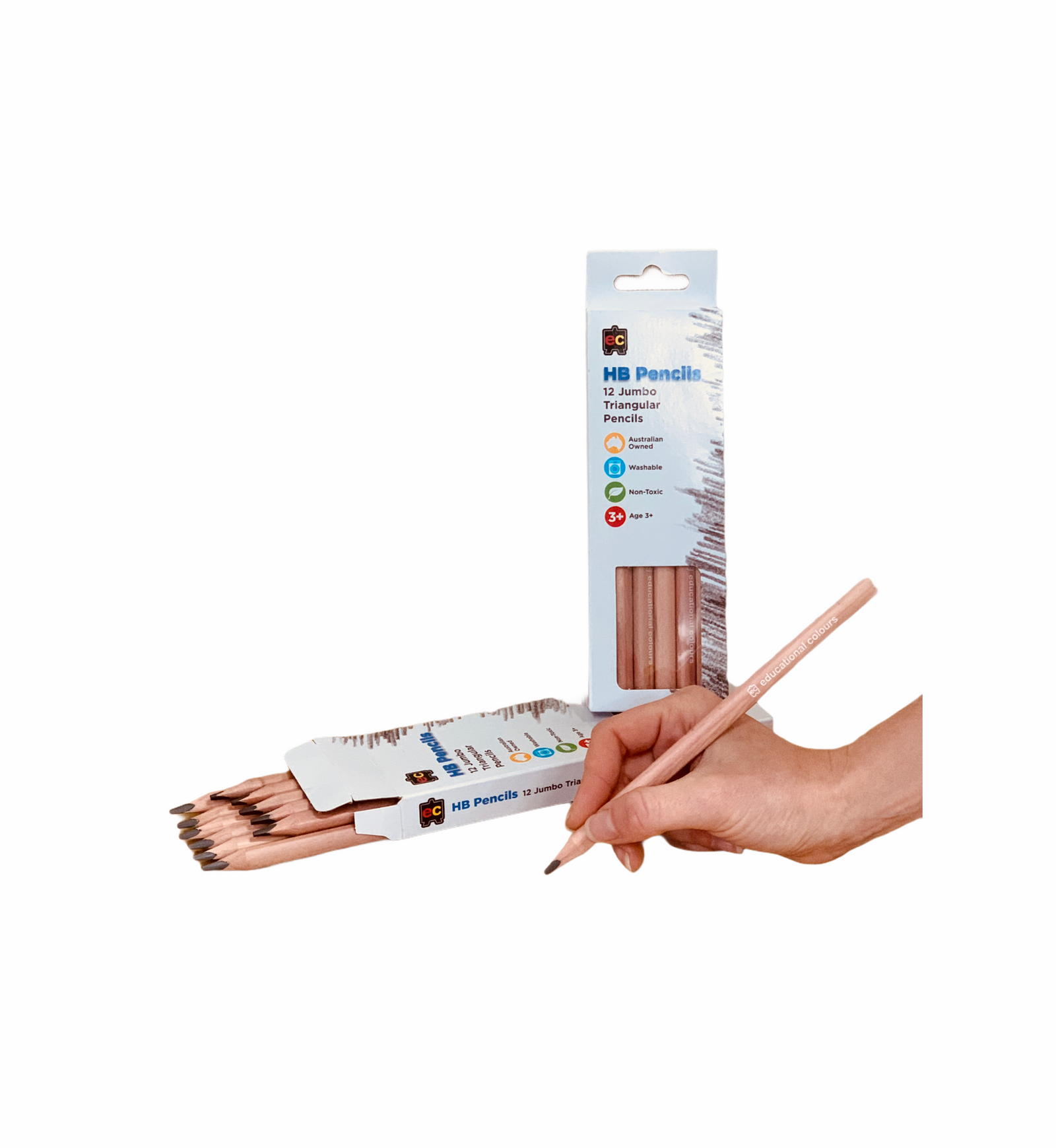 EC Jumbo Triangular Pencils shown in packaging with hand writing with one of the pencils on white background