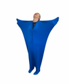 Young girl laughing with her hands stretched out inside blue Harkla Body Sock - Medium with white background
