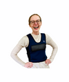 girl laughing wearing the navy blue Harkla Weighted Compression Vest - Medium on white background