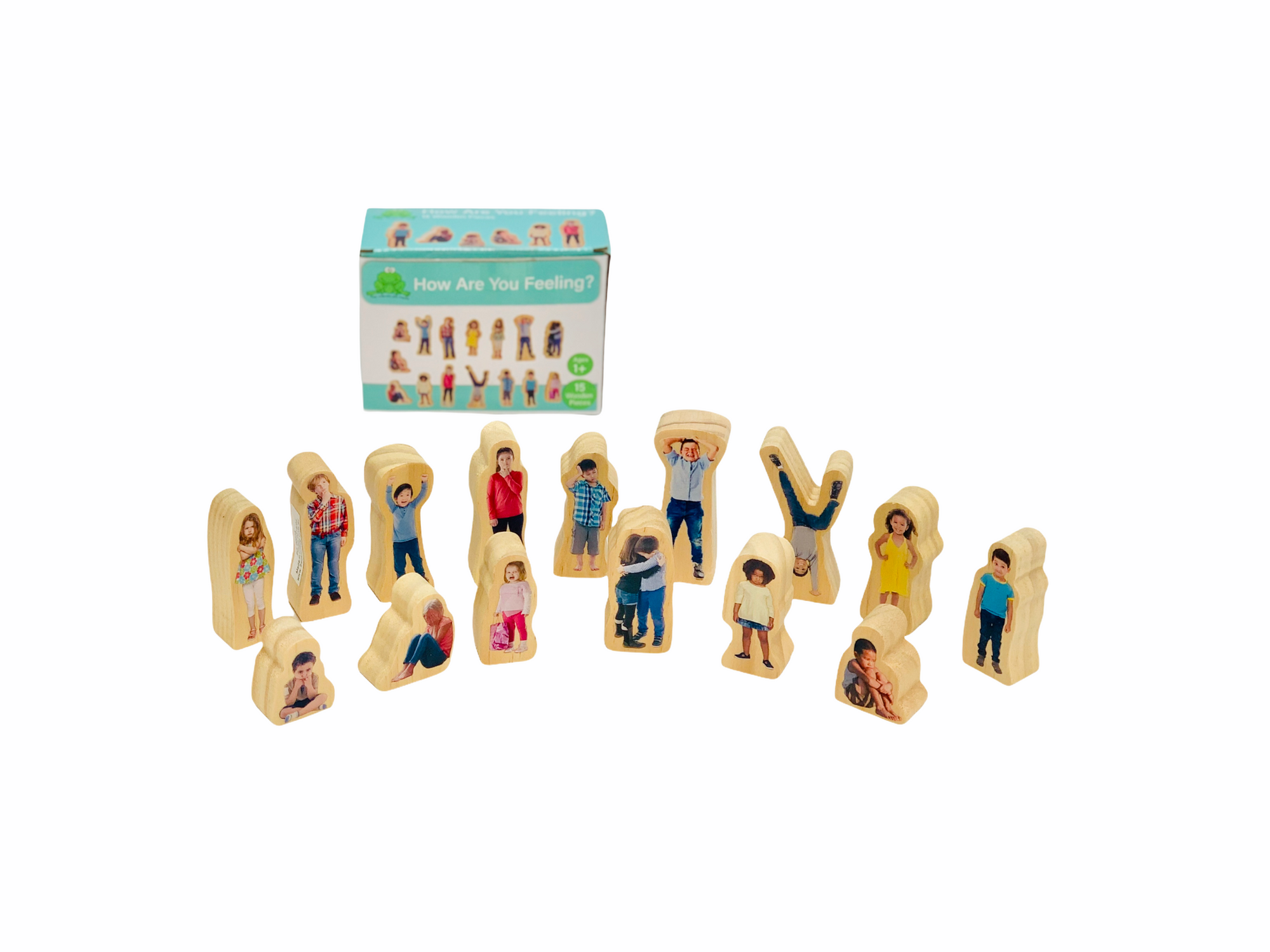 How are you Feeling? Wooden People on display with wooden figures in front of box