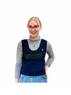 Blonde girl smiling wearing the navy blue Harkla Weighted Compression Vest - Large with white background