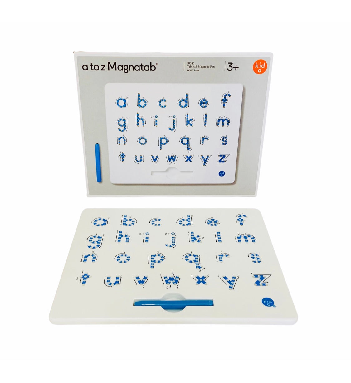 Magnatab a to z - Lower Case on display with the magnatab in front of box