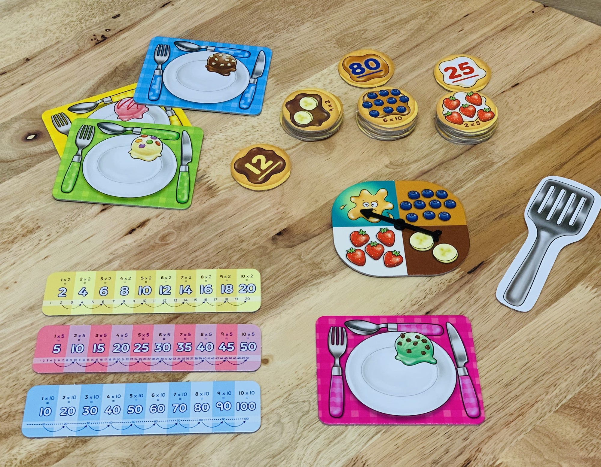 the pieces from the Orchard First Times Tables displayed on wooden table