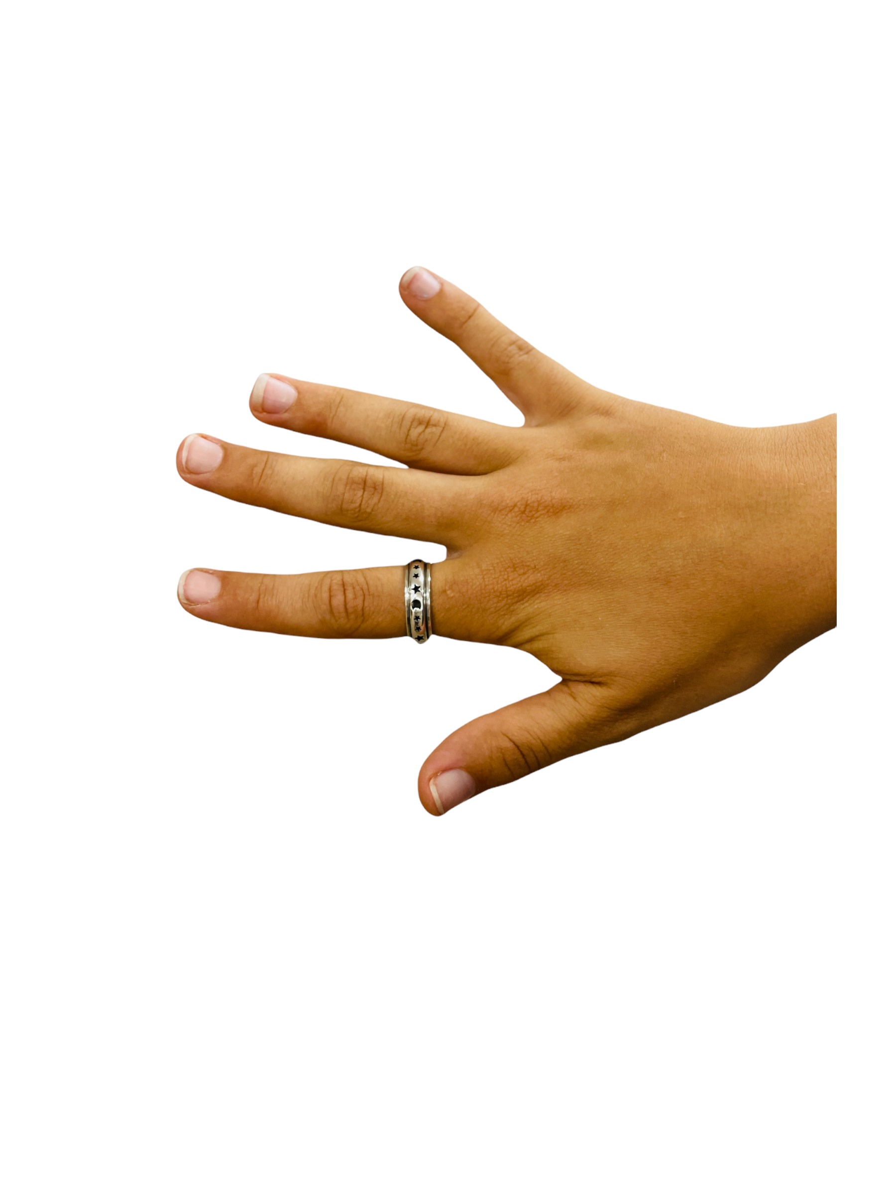 Hand wearing Impulse Modern Anxiety Ring - Moon & Stars/9 on white background