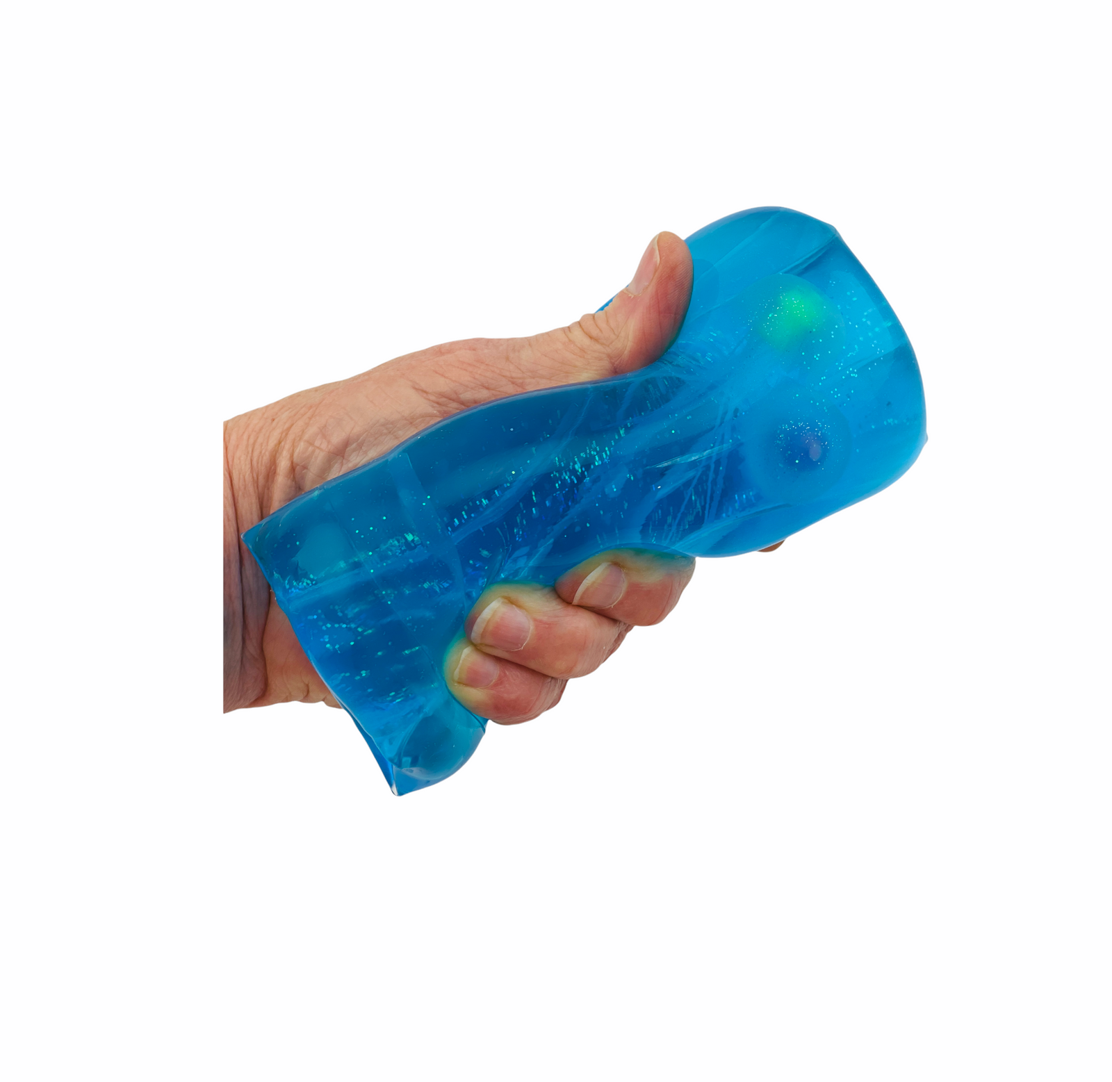 Hand holding the blue Jellyfish Water Snake Fidget on white background