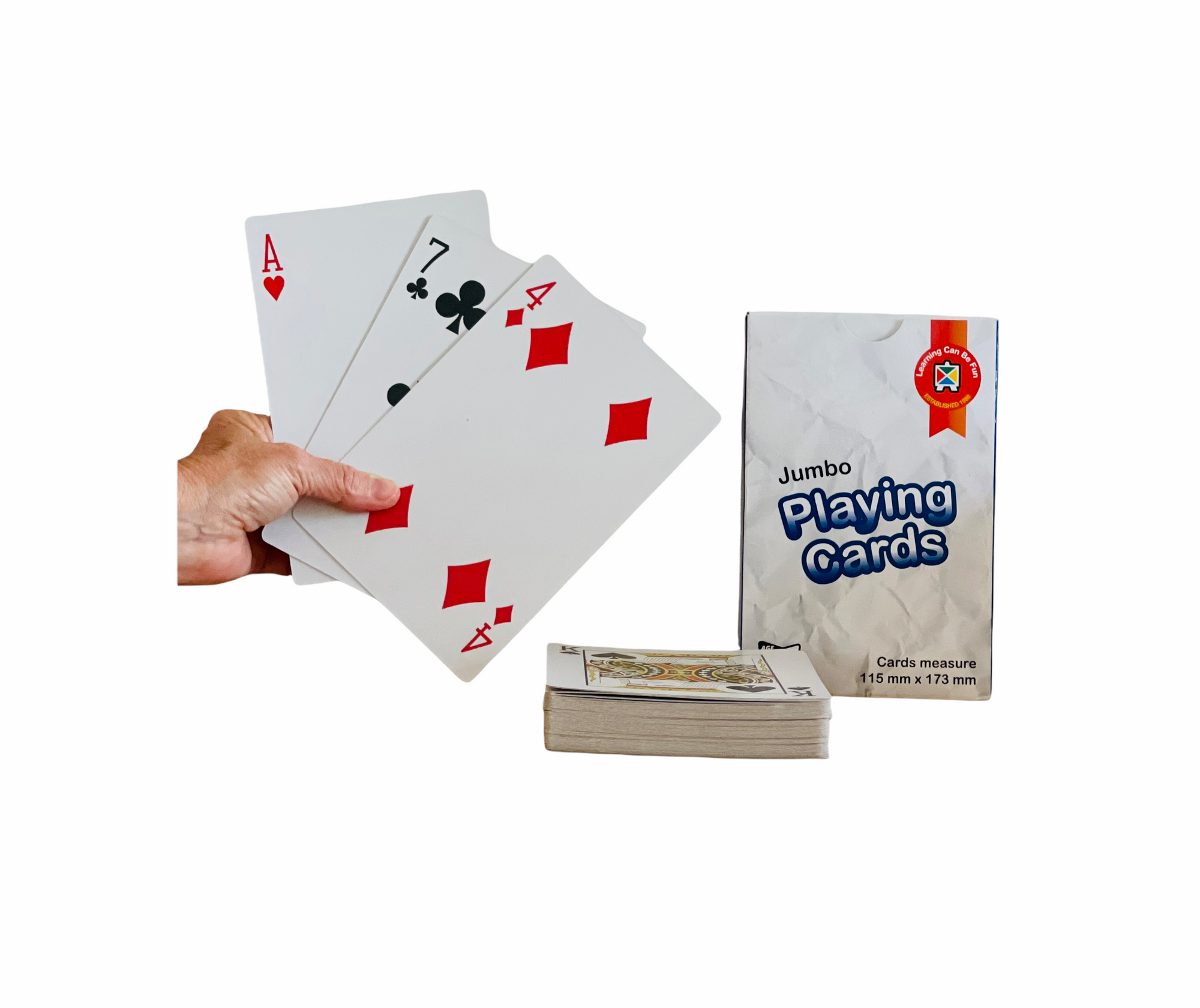 Hand holding Jumbo Playing Cards next to deck and packaging box on white background