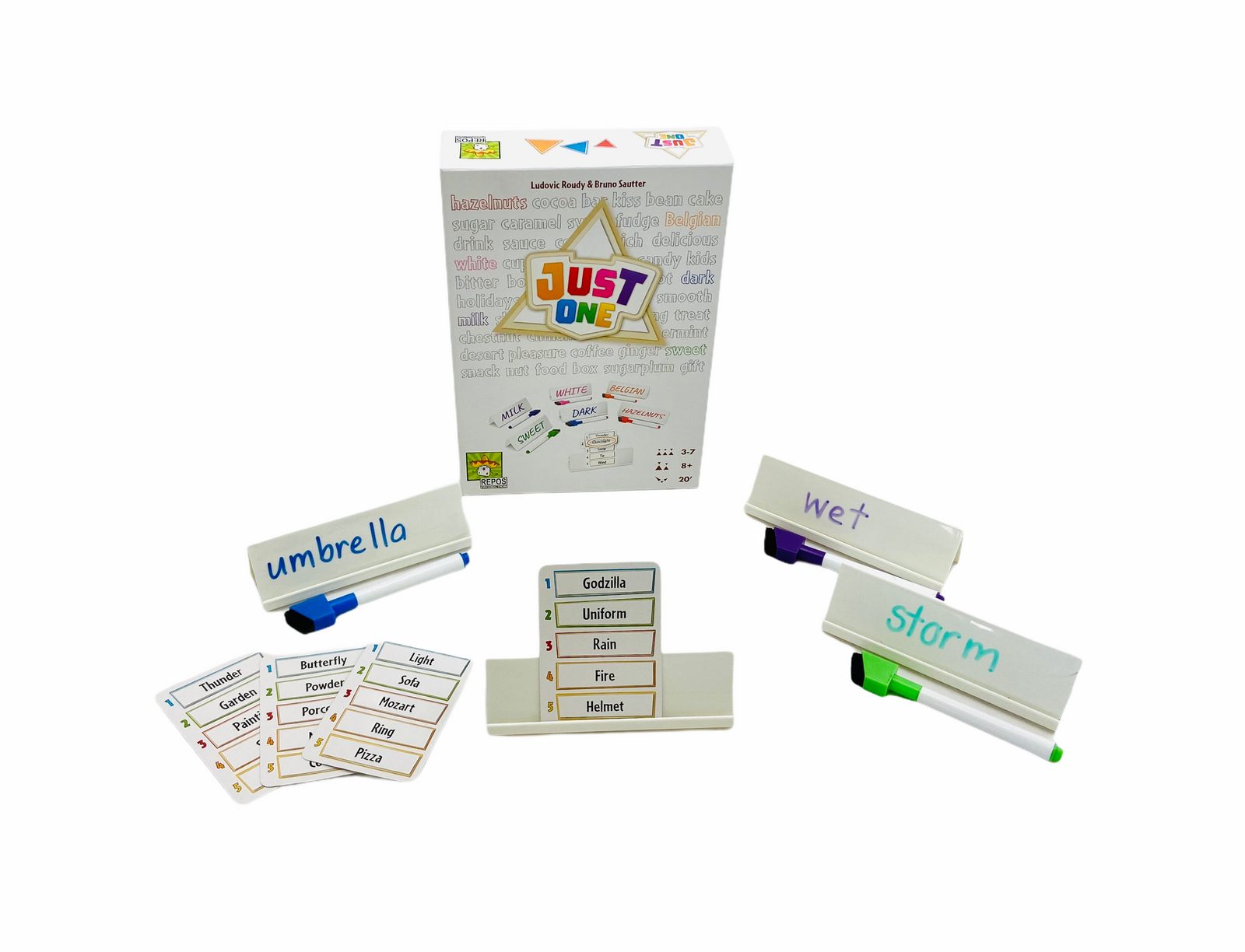 Just One game on display with contents in front of box 