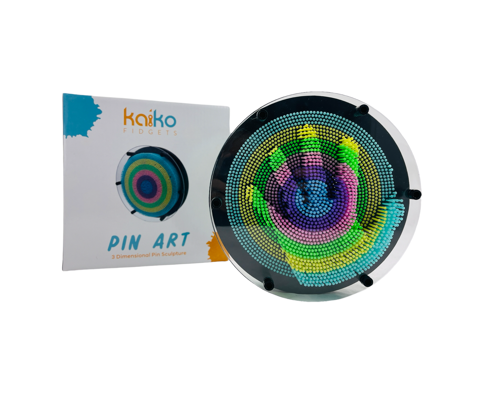 Kaiko Pin Art with hand print placed into multicoloured pins with white background