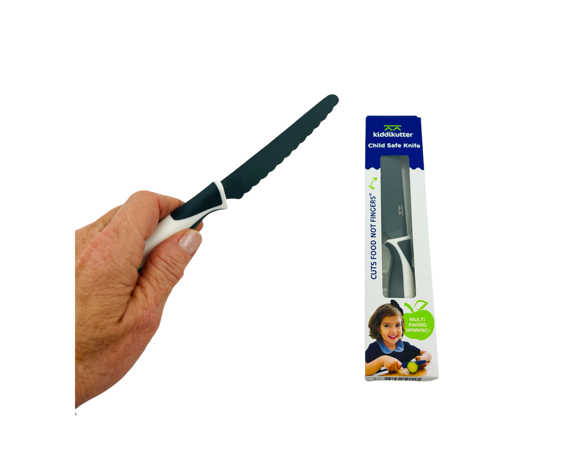 a hand holding the black Kiddikutter Safety Knife