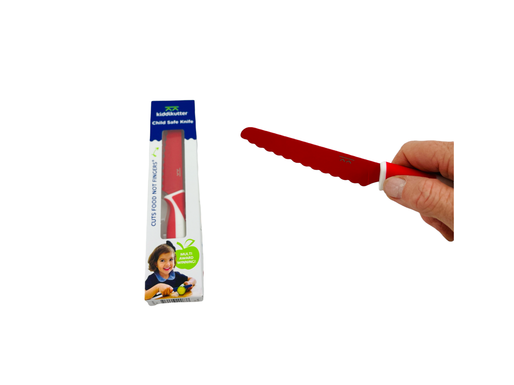 a hand holding the red Kiddikutter Safety Knife