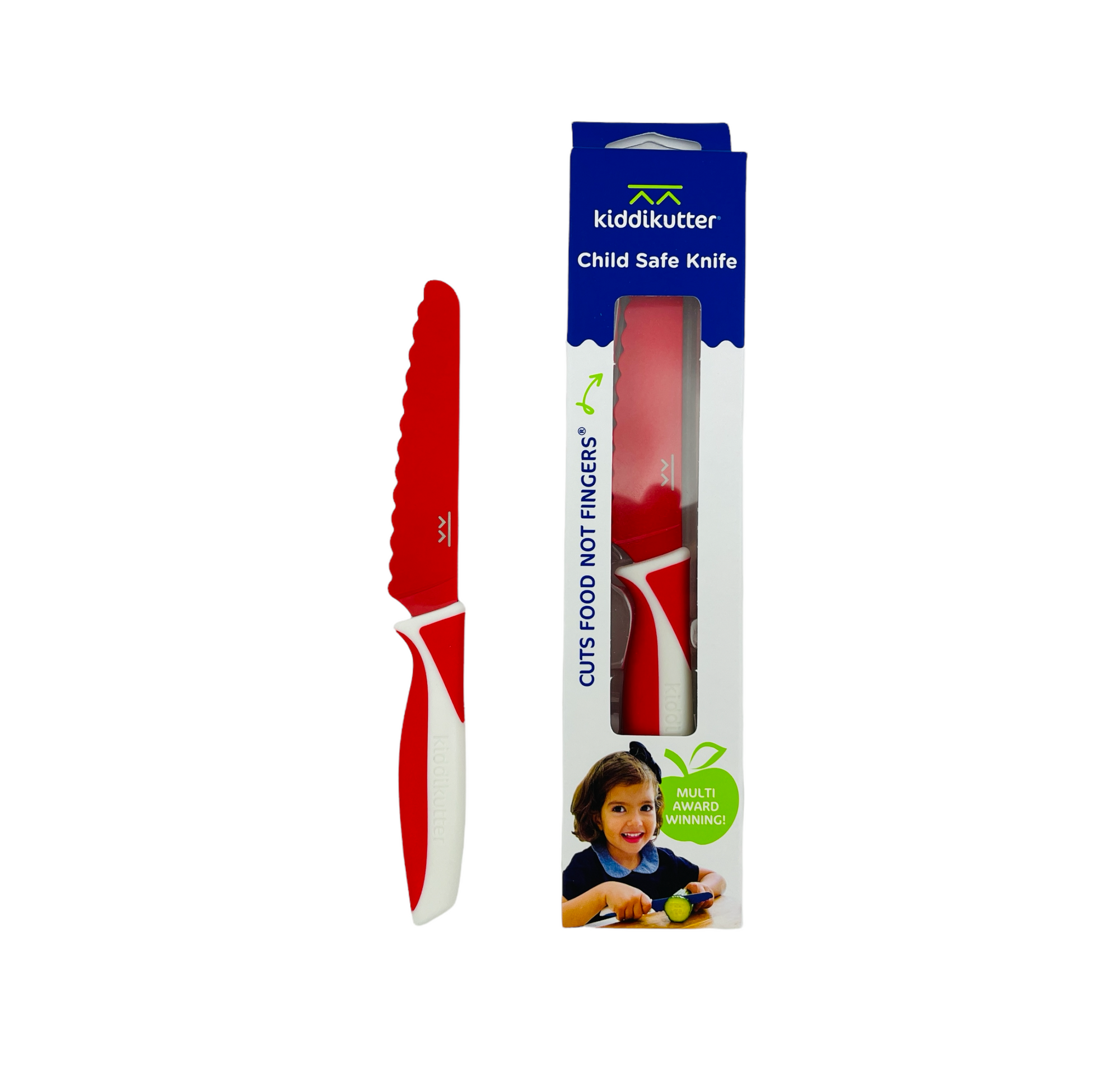 the red  Kiddikutter Safety Knife on display with white background