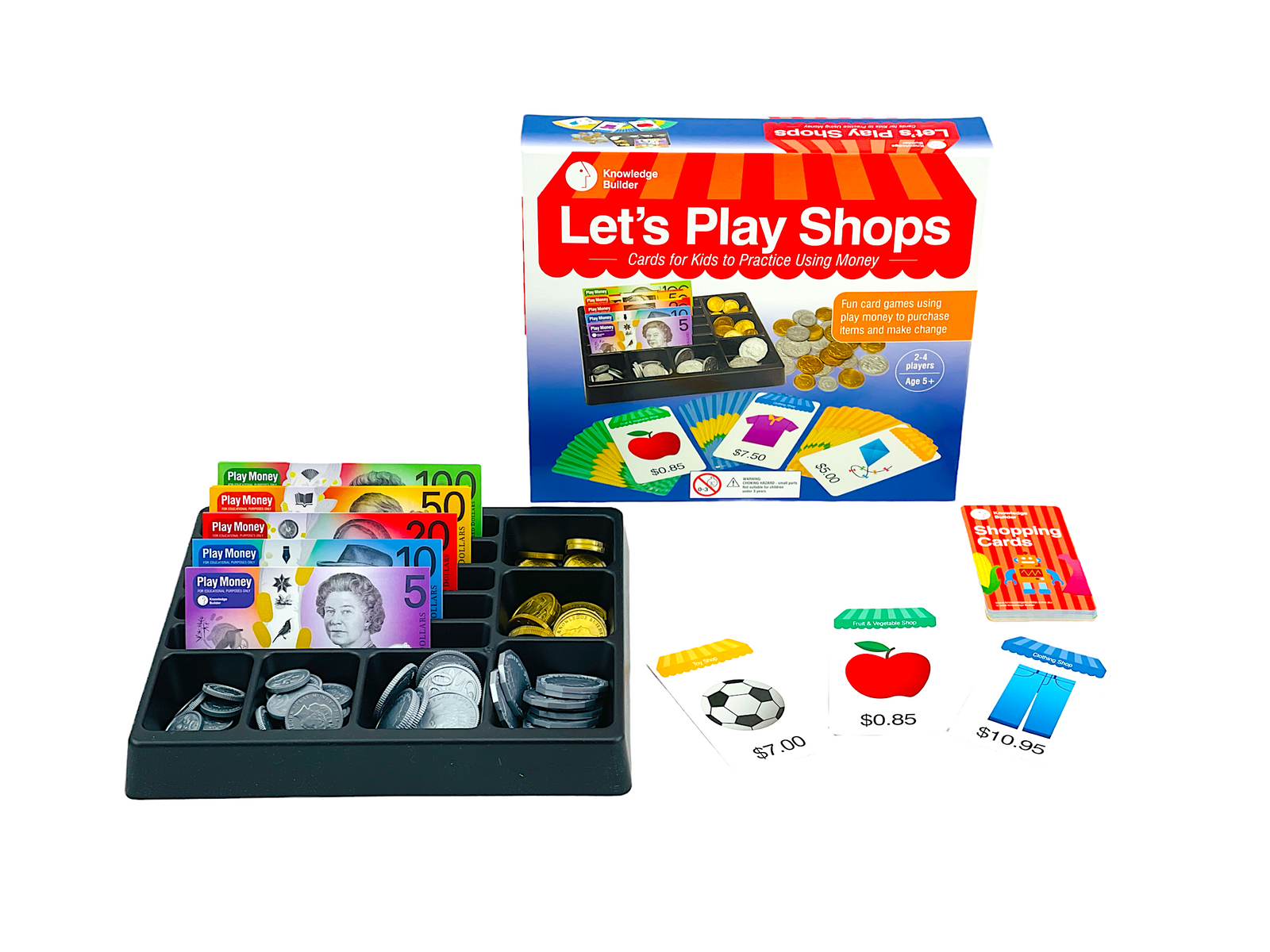 Knowledge Builder Let's Play Shops on display with all contents displayed in front of box