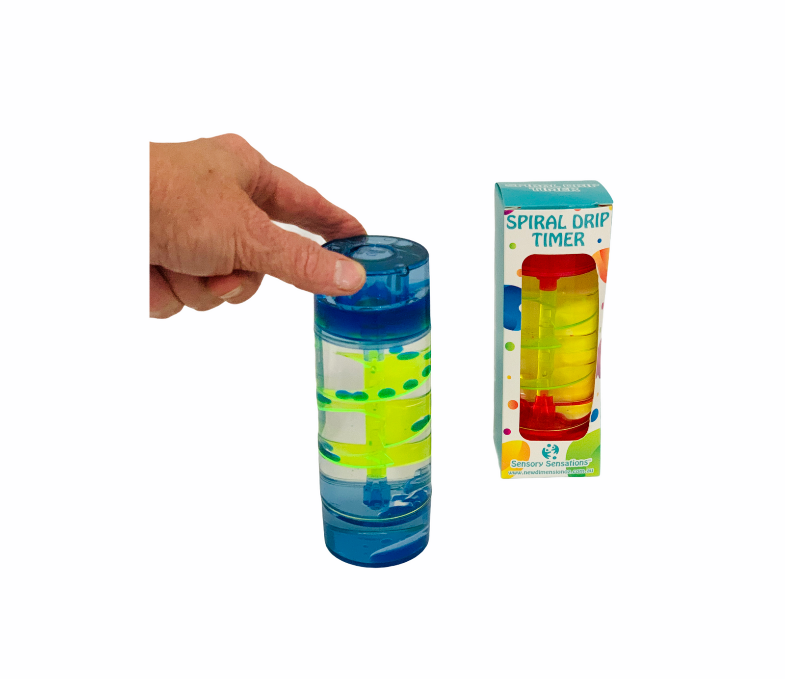 Liquid Spiral Timer with hand supporting the top next to packaging on white background