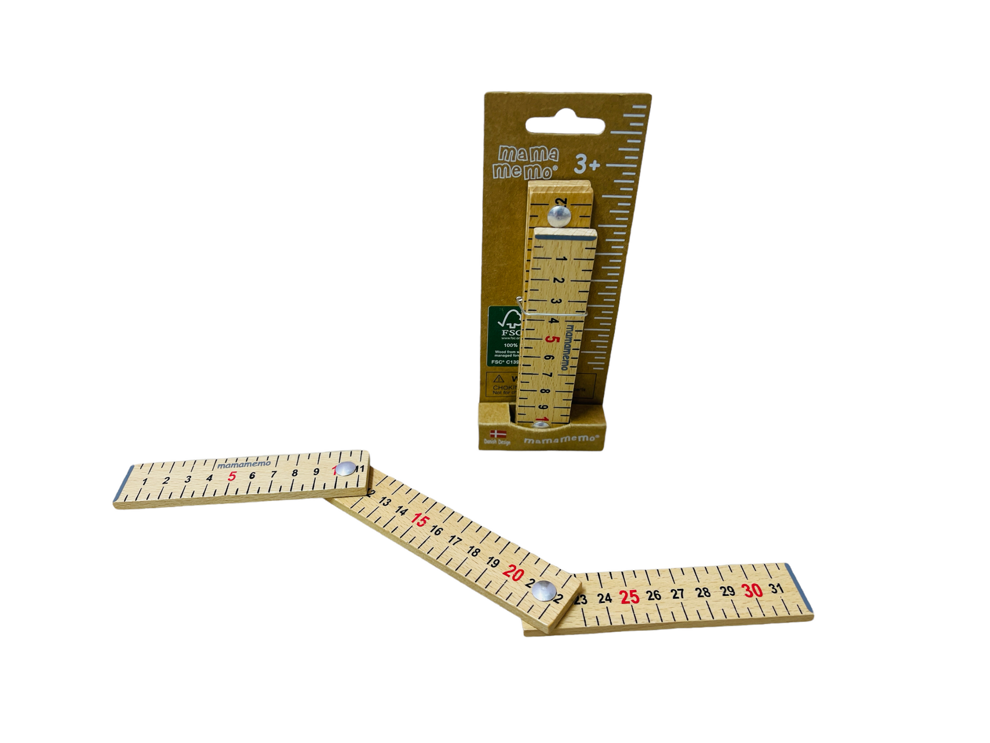 MamaMemo Folding Ruler on display with the ruler in front of it's package