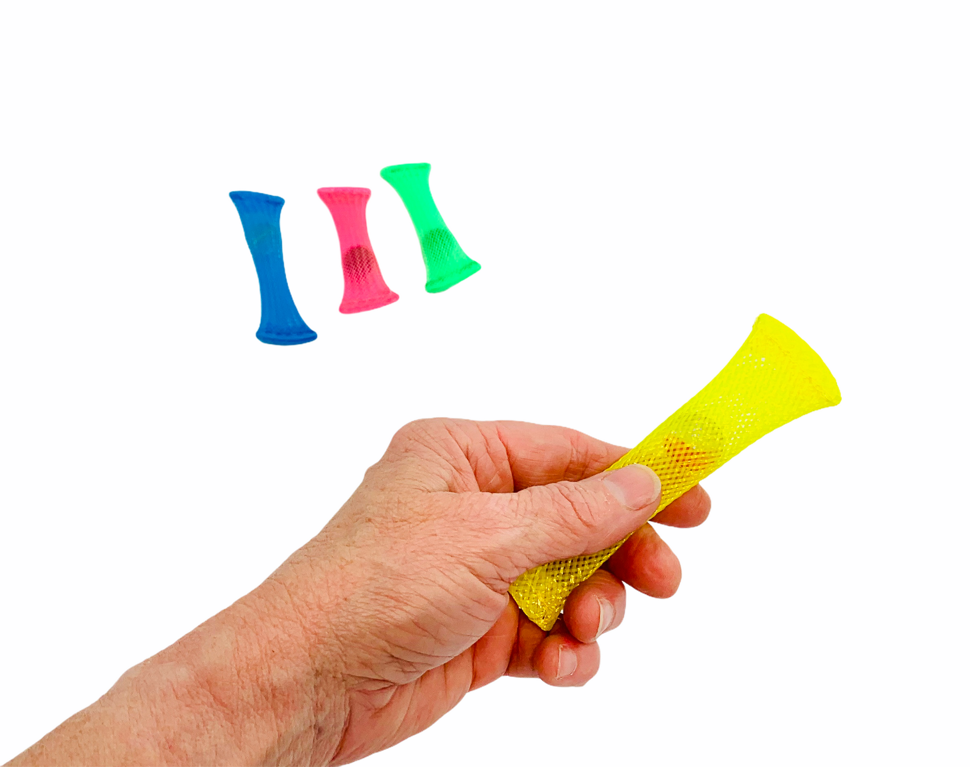 a hand holding a yellow Marble Fidget with a blue, red and green Marble Fidget in the background