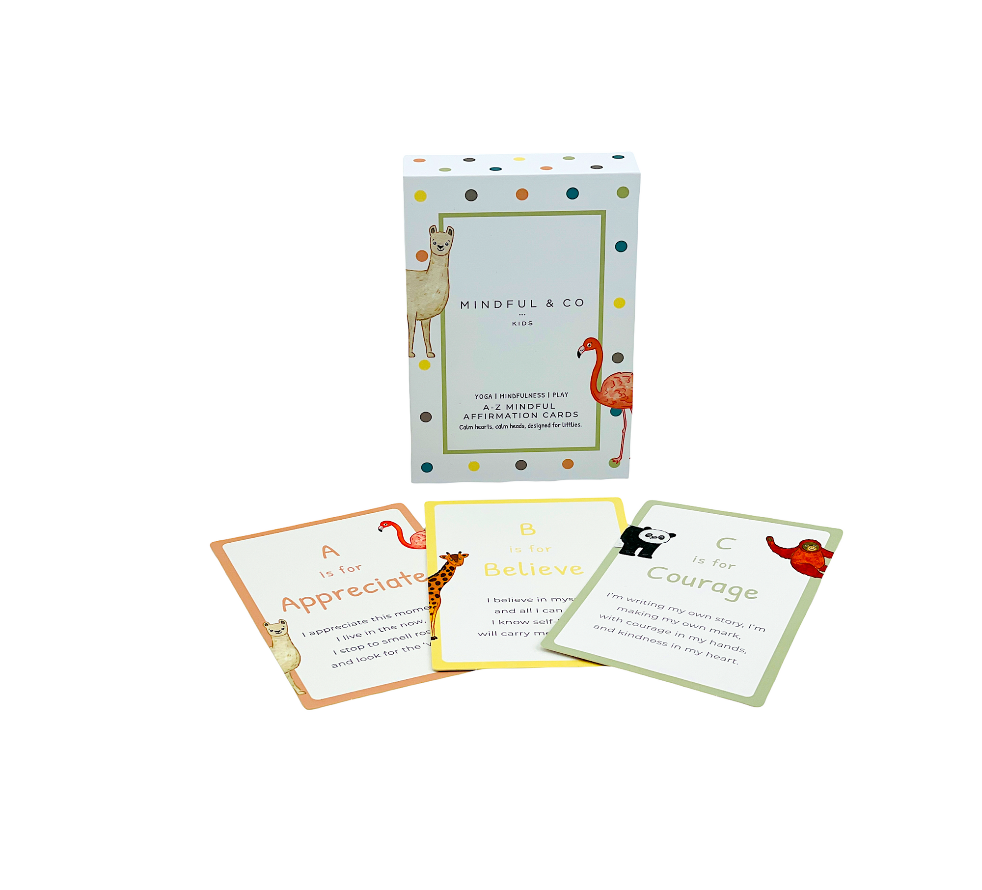 The Mindful & Co A - Z Mindful Affirmation Cards on display with 3 affirmation cards in front of white box