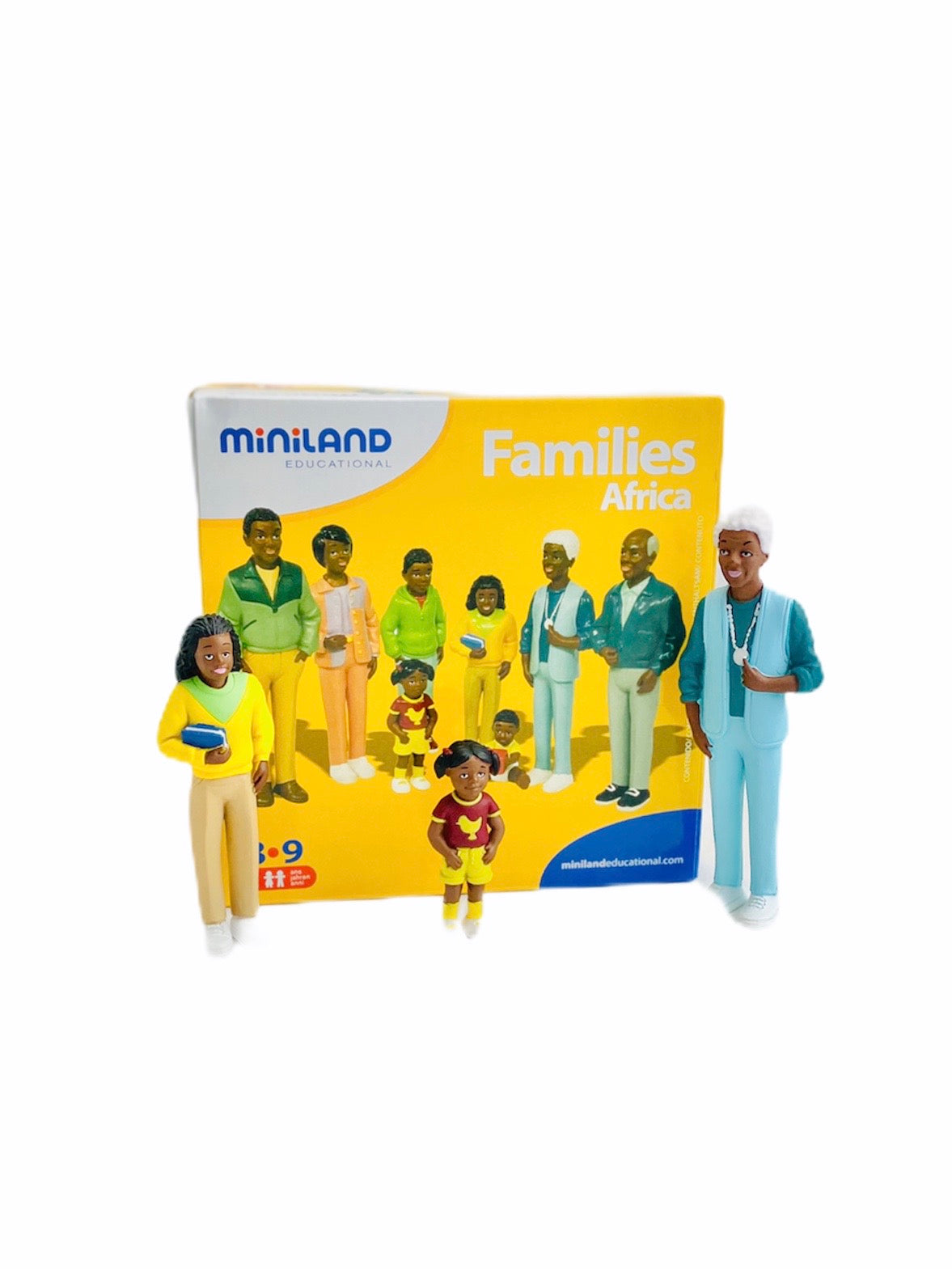 Miniland Figures - Families African on display with figures in front of box