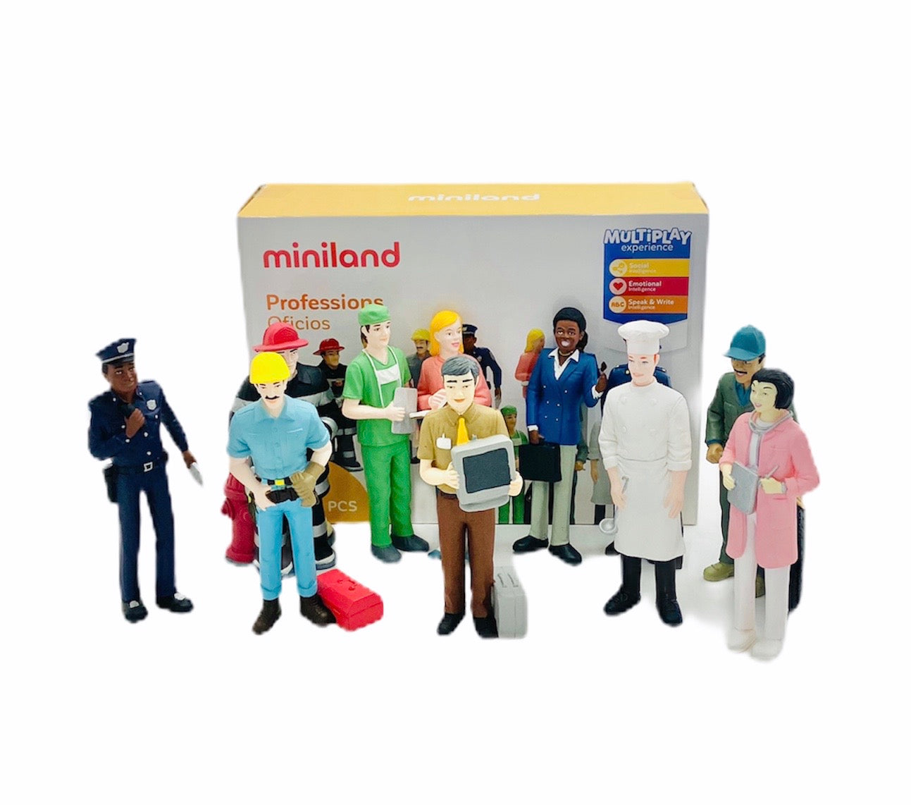 Miniland Figures - Professions on display with figures in front of box