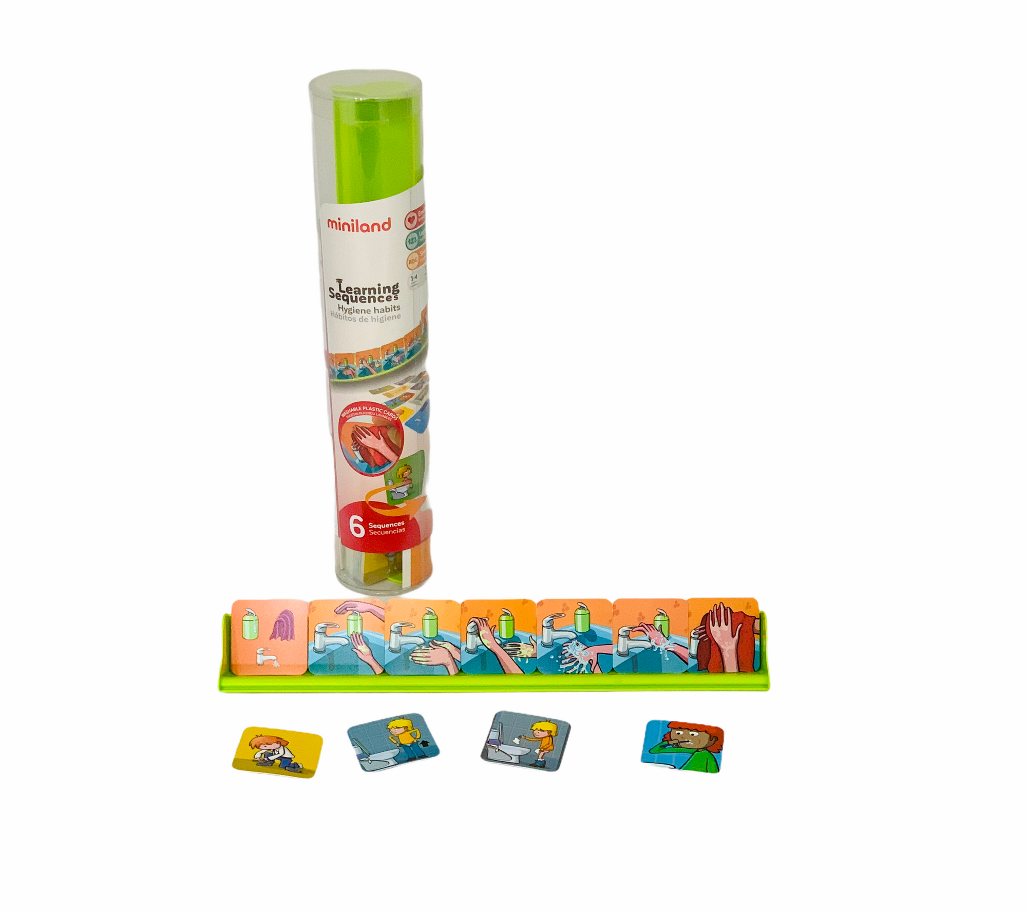 Miniland Learning Sequences - Hygiene Habits cards in front of case