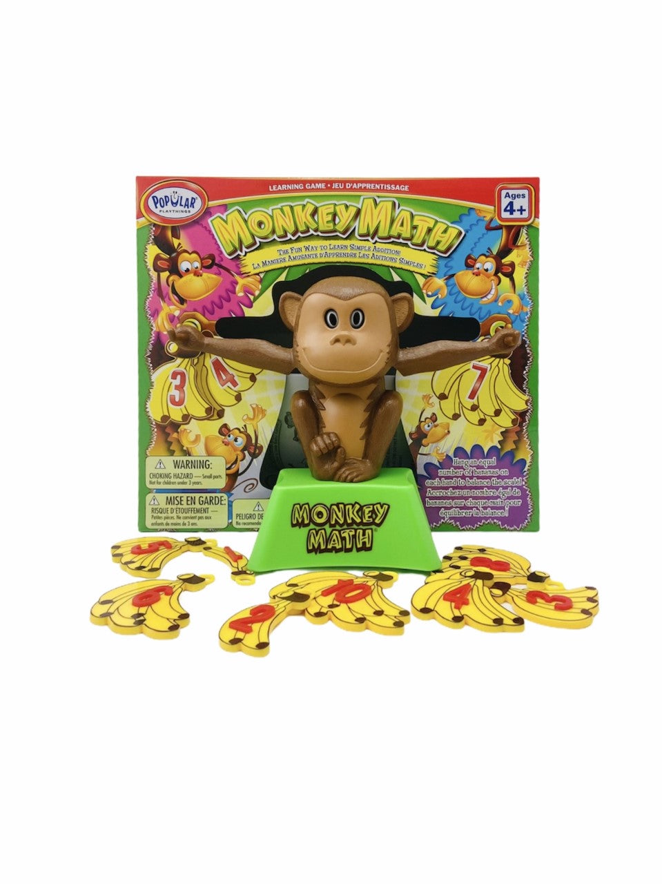 Monkey Math Game with pieces in front of packet containing the monkey math game