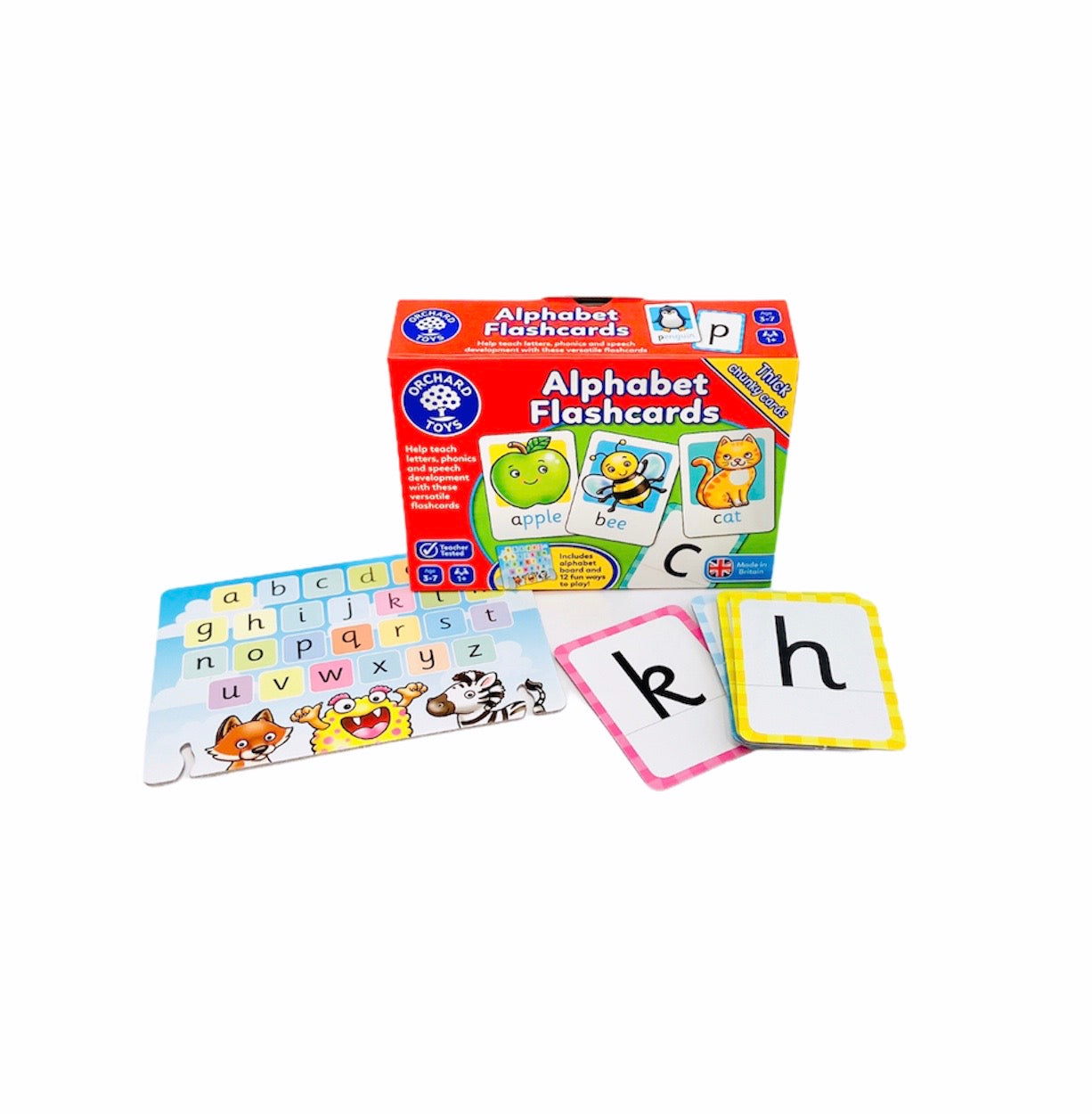 Orchard Alphabet Flashcards on display wth cards in front of box