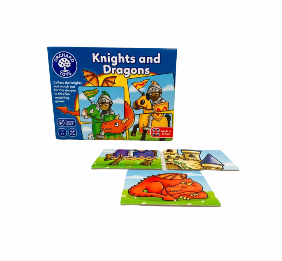 Orchard Knights and Dragons Game box wth 3 cards in front