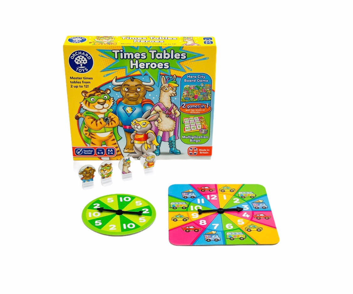 the Orchard Times Tables Heroes on display with pieces and spinners in front of box