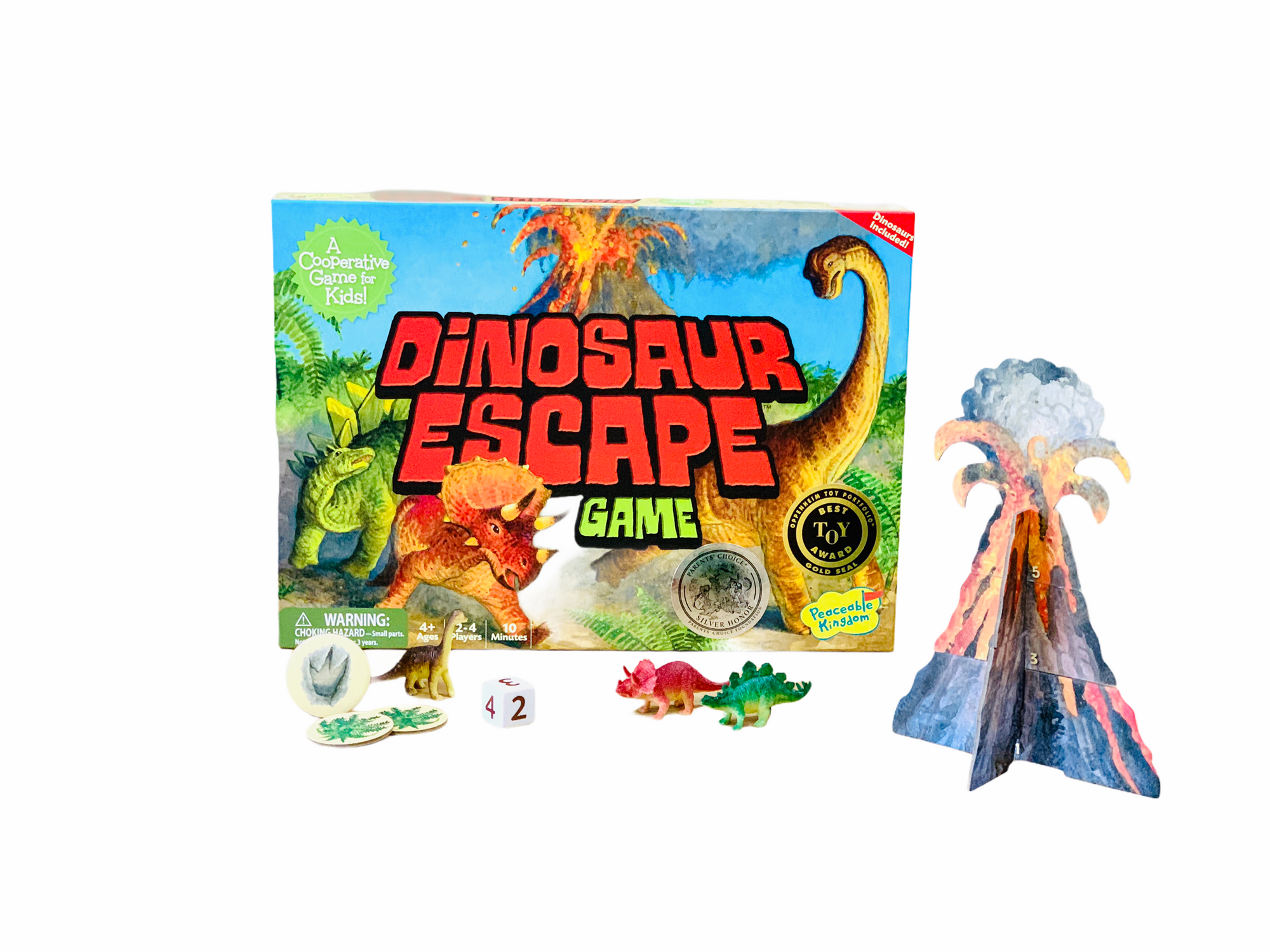 Peaceable Kingdom Dinosaur Escape game on display with pieces in front of box
