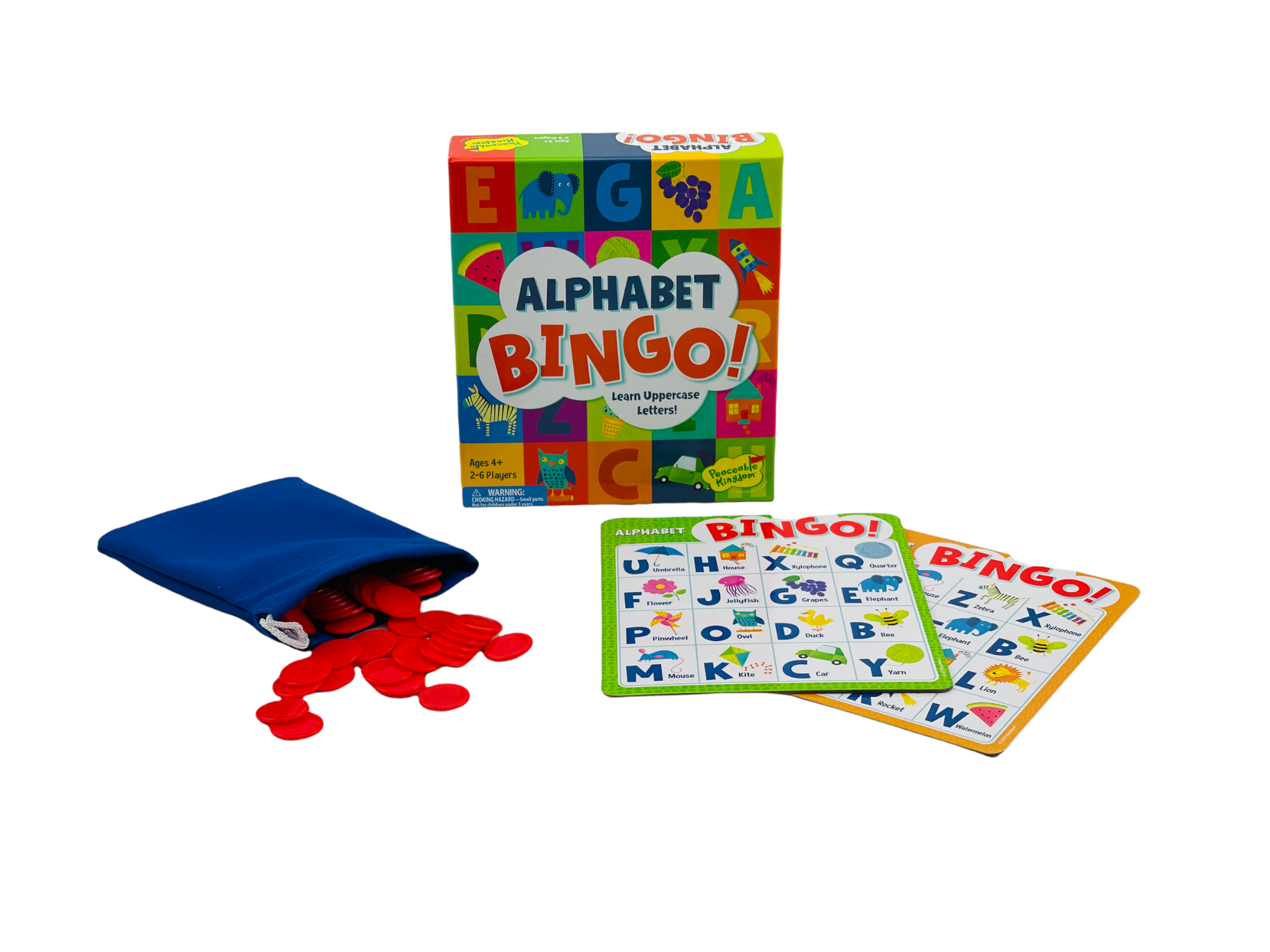Peaceable Kingdom Alphabet Bingo with bingo playing boards laid next to red counters and packaging box on white background