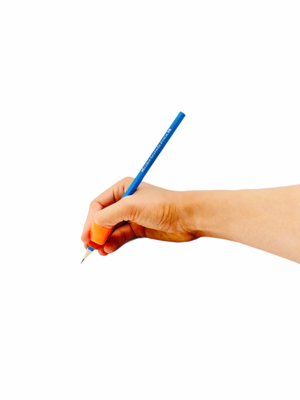 a hand using the Pencil Grip Pointer Grip with blue pencil