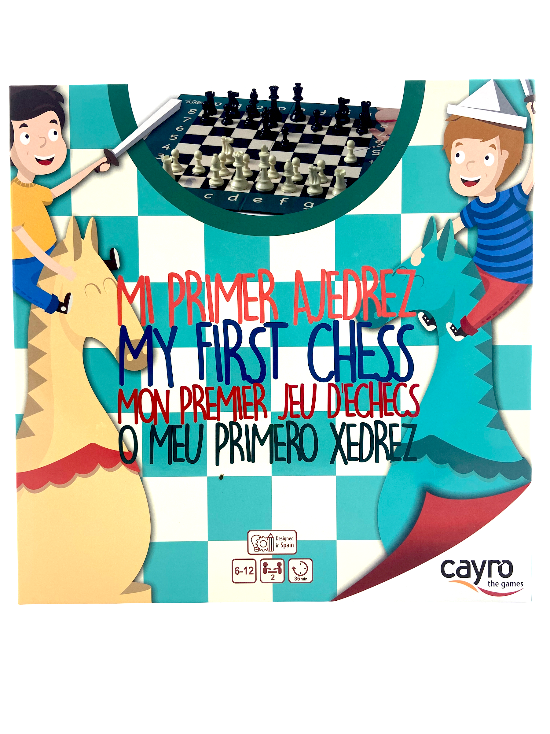 My First Chess packaging box showing two boys playing on white and blue checked board