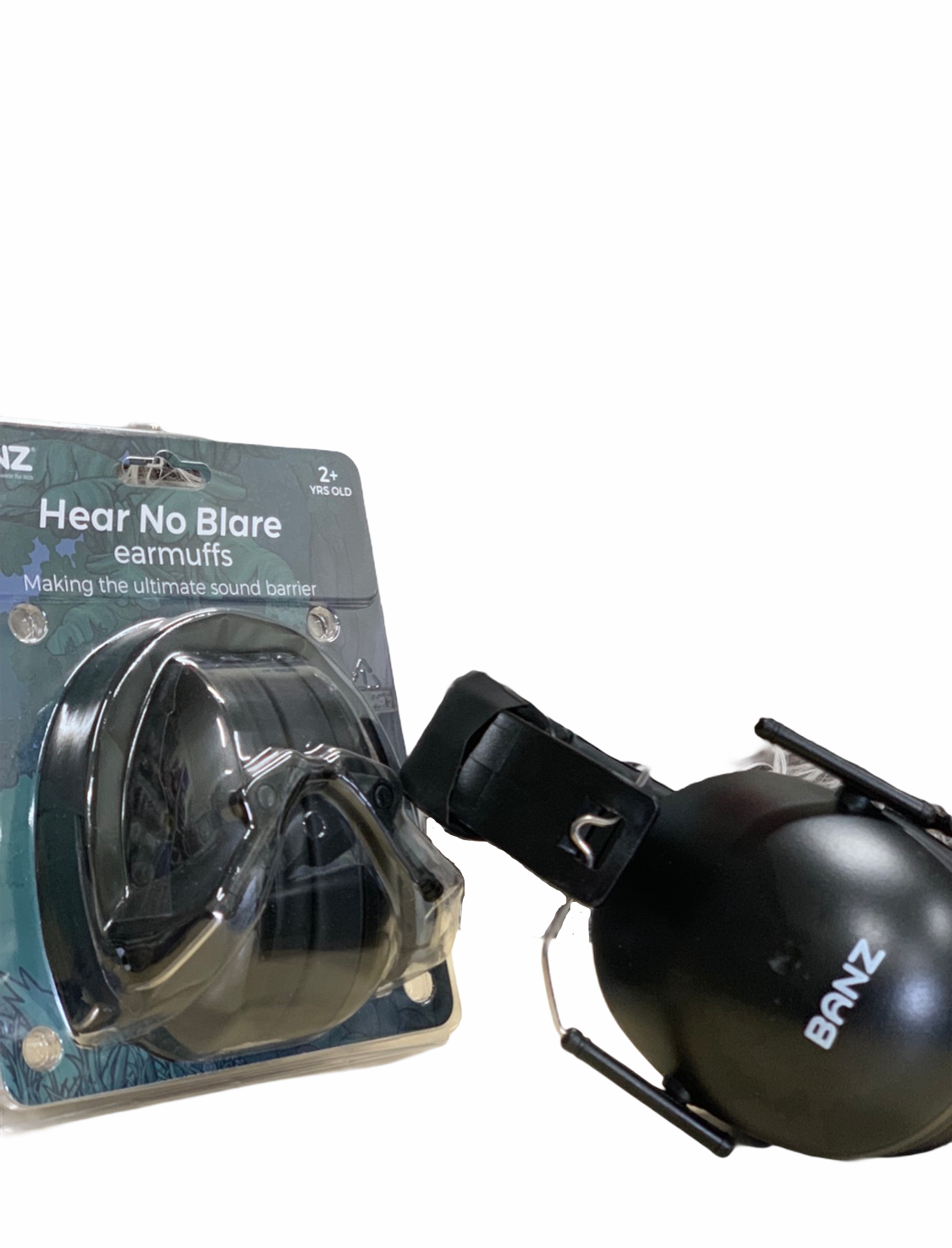 Banz Kids Earmuffs - Black Placed next to packaging on white background