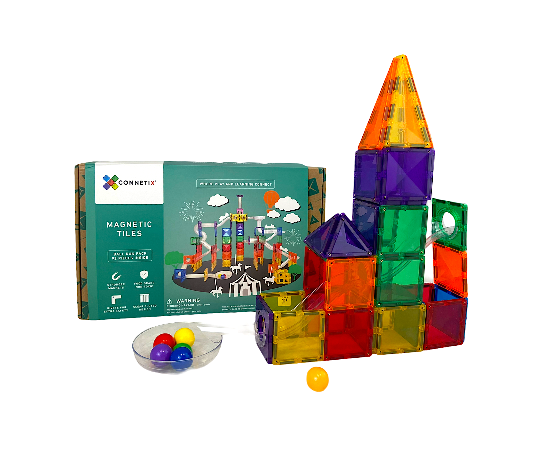 Connetix Ball Run Pack built in front of it's green box