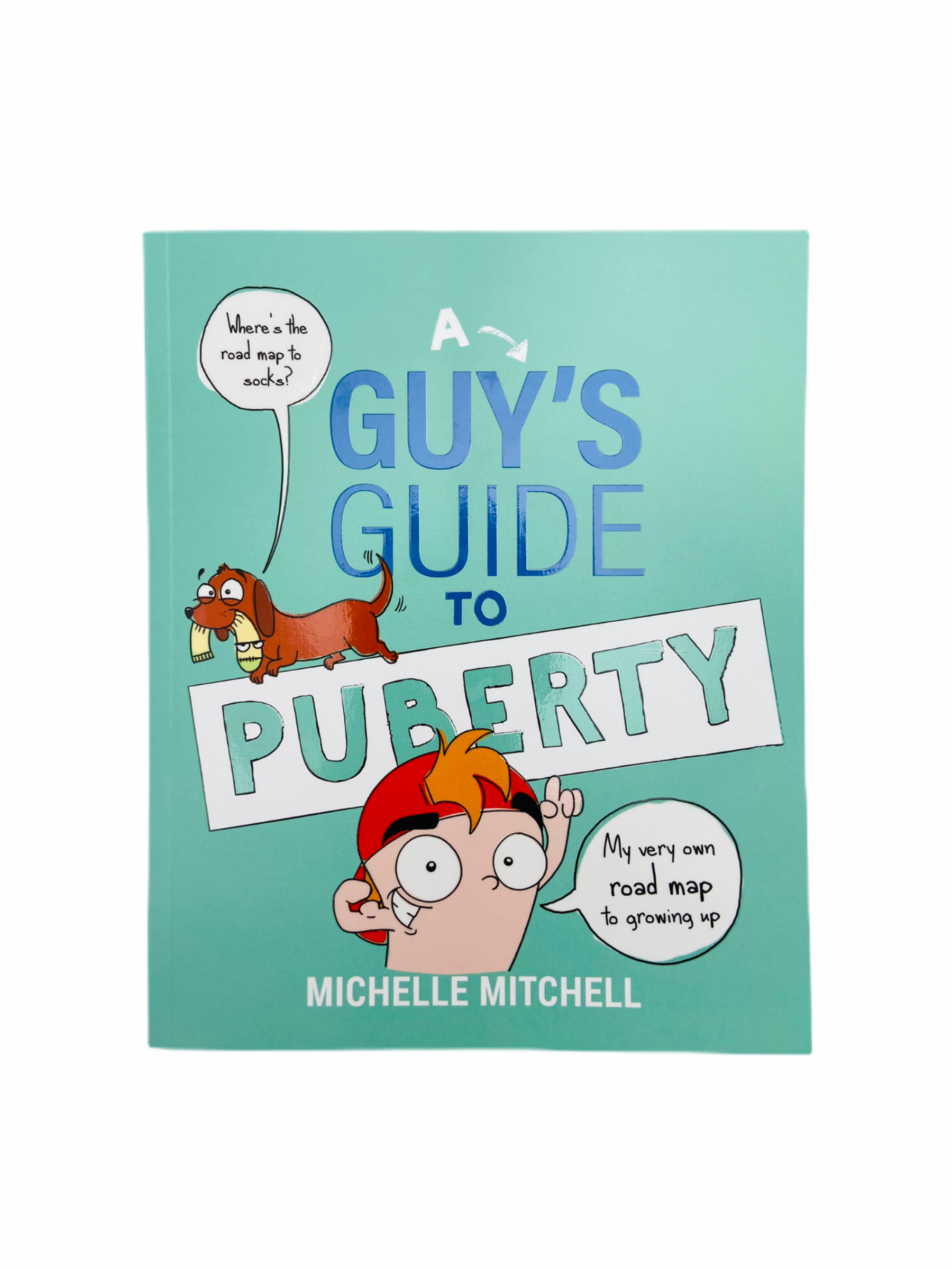 Front cover of A Guy's Guide to Puberty book with character wearing red hat with speech bubbles