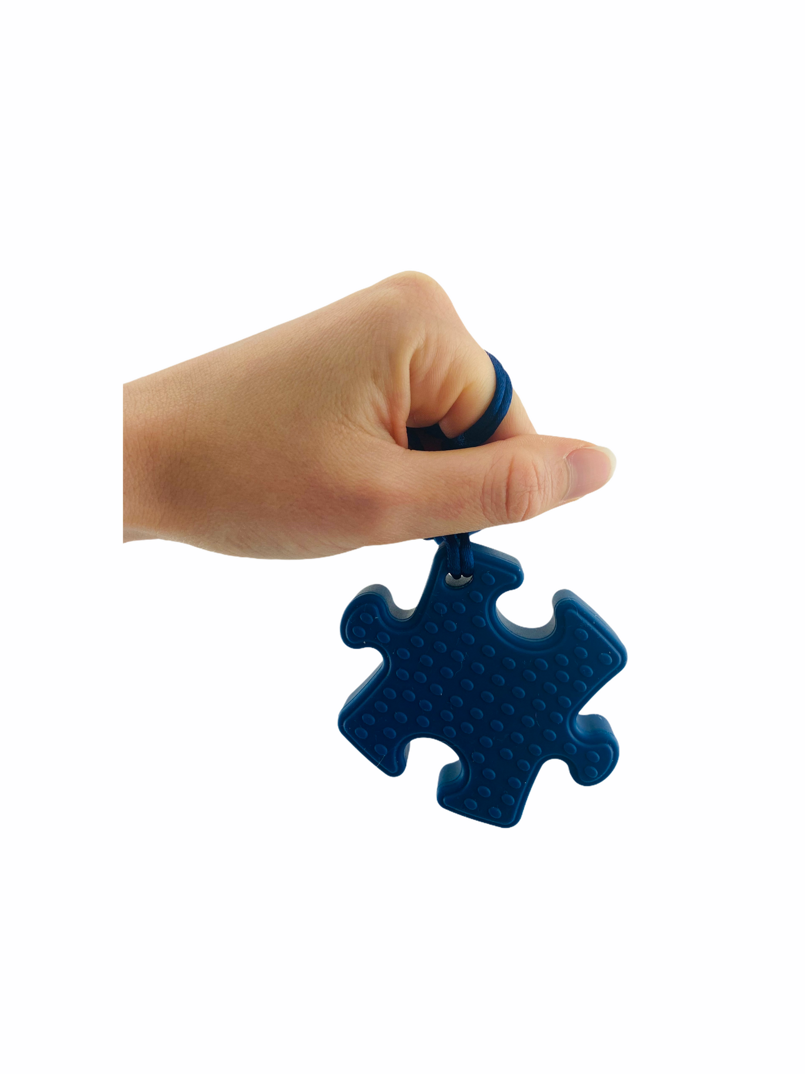 Chewy Charms Necklace Chews - Blue/Puzzle with hand holding break away cord on white background