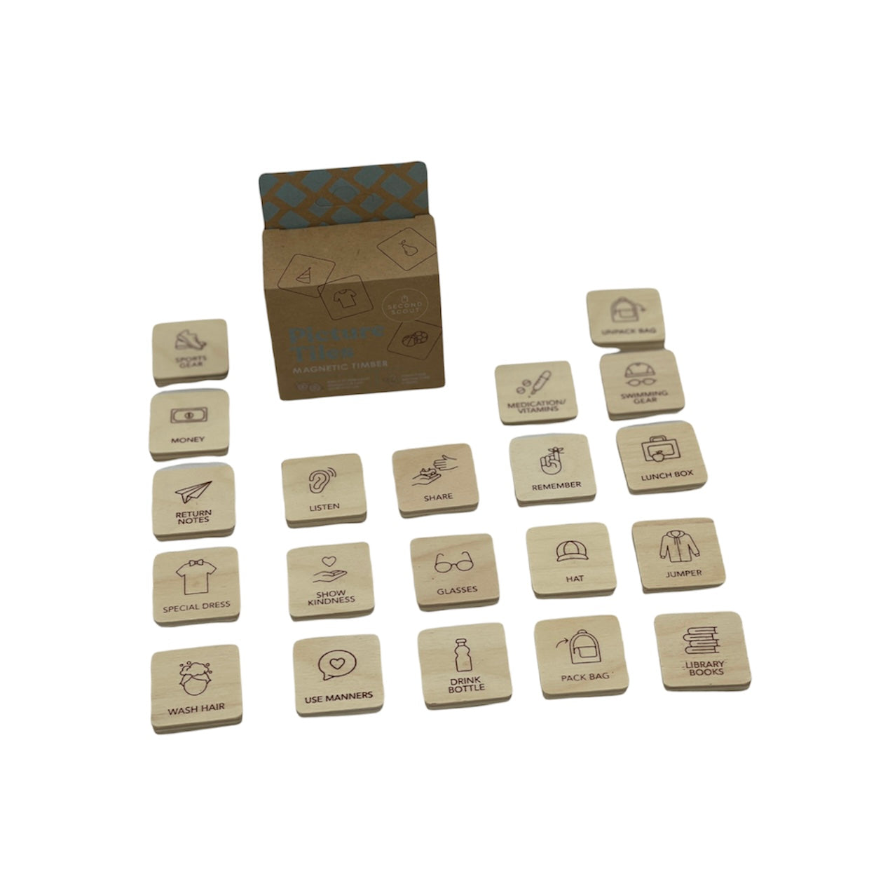 Second Scout Picture Tiles - Reminders wooden tiles laid out in front of packaging box on white background