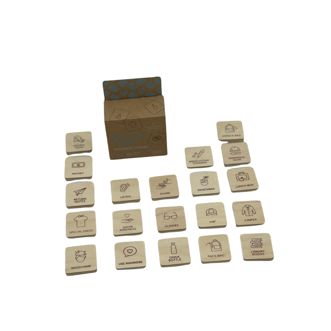 Second Scout Picture Tiles - Routine pack with tiles laid out in front of packaging box on white background